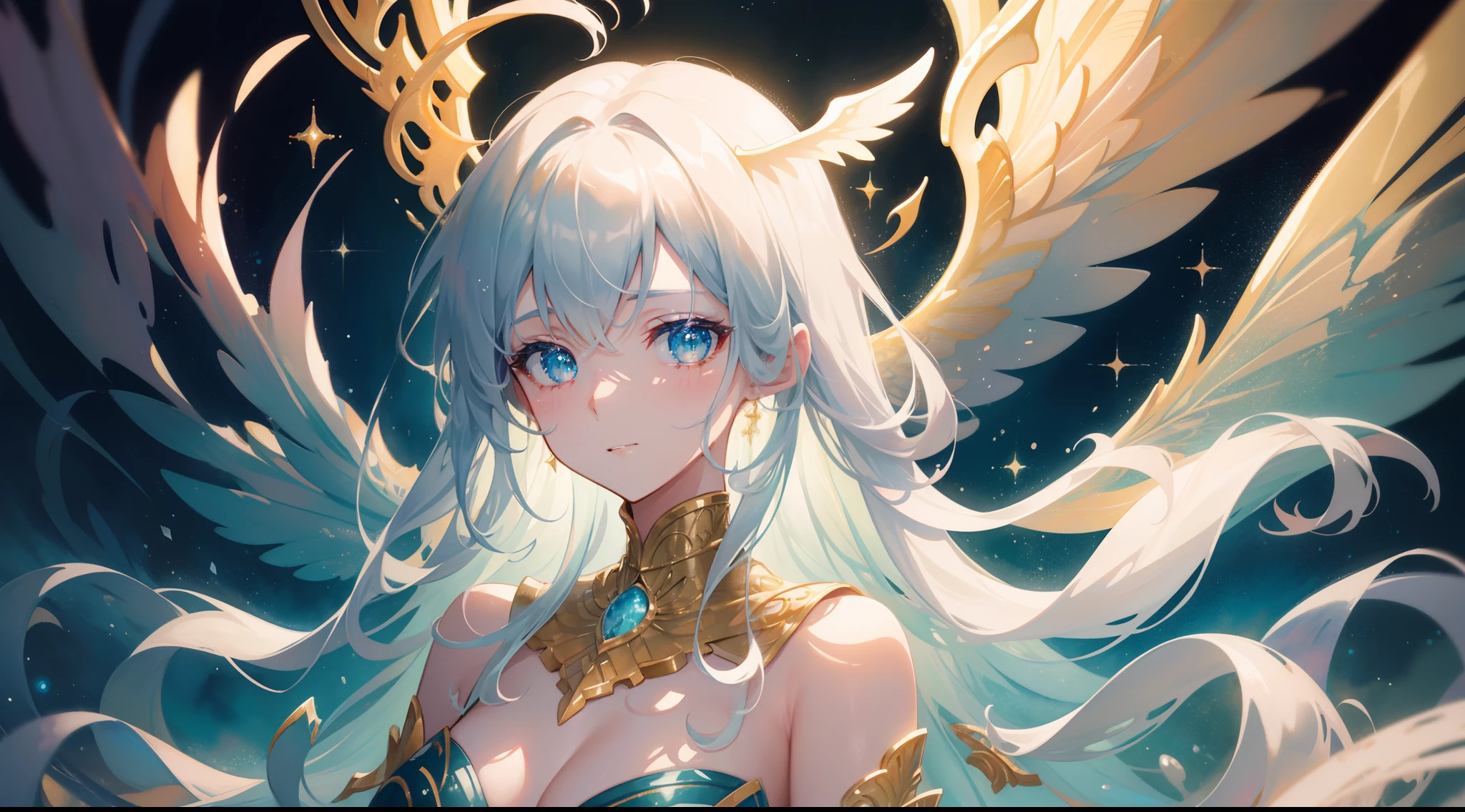 masterpiece, best quality, sharp focus, 8k, intricately detailed environment, anime, watercolor illustration, colorful, bright colors, whimsical, glowing lights, liquid otherworldly, fairy lights, beautiful girl in flowing liquid glowing dress, perfect face, golden ratio, sparkling eyes, watercolor, liquid light, angel wings
