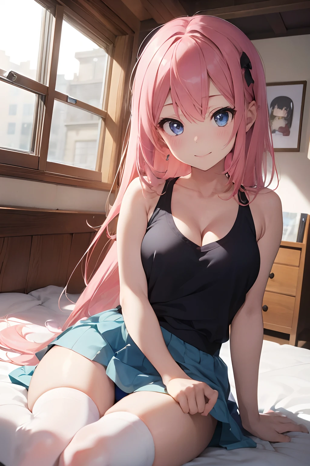 masutepiece, Best Quality, super detailed, 8K_Wallpaper,A pink-haired,Very long hair, (Beautiful eyes), ((Cute)), Cute, (lovely), 3女の子,cleavage,thighs thighs thighs thighs,Tank tops、Mini skirt,,.high socks,, knee sox,Smile,,Striped panties,Back view,pixv art,Anime,gals,slim,slender,Indoor,Black eyes|Blue eyes,A room with clutter、Sit-in、Large room