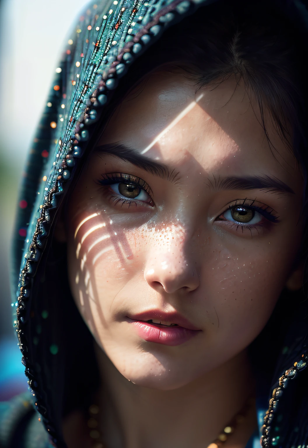 Raw photography、22-year-old girl、Blue Hoodie、(1girl in)、(realisitic)、(Photorealsitic:1.5)、lipsticks、hitornfreckles、Multicolor Hair、a choker、(Raw photography、8K UHD、film grains)、Sharp eyeliner、Blush eyeshadow with thick eyelashes、extremely delicate and beautiful、8K、(Soft lighting)、hightquality、hight resolution、foco nítido、ighly detailed、during the day、(sunlight on face)、beatiful detailed eyes、 extremely detailed eye and face、masterpiece、(lighting like a movie)、(high-detail skin:1.2)、8K UHD、Digital SLR、Soft lighting、hightquality、film grains、masterpiece, top-quality, hightquality, hight resolution
