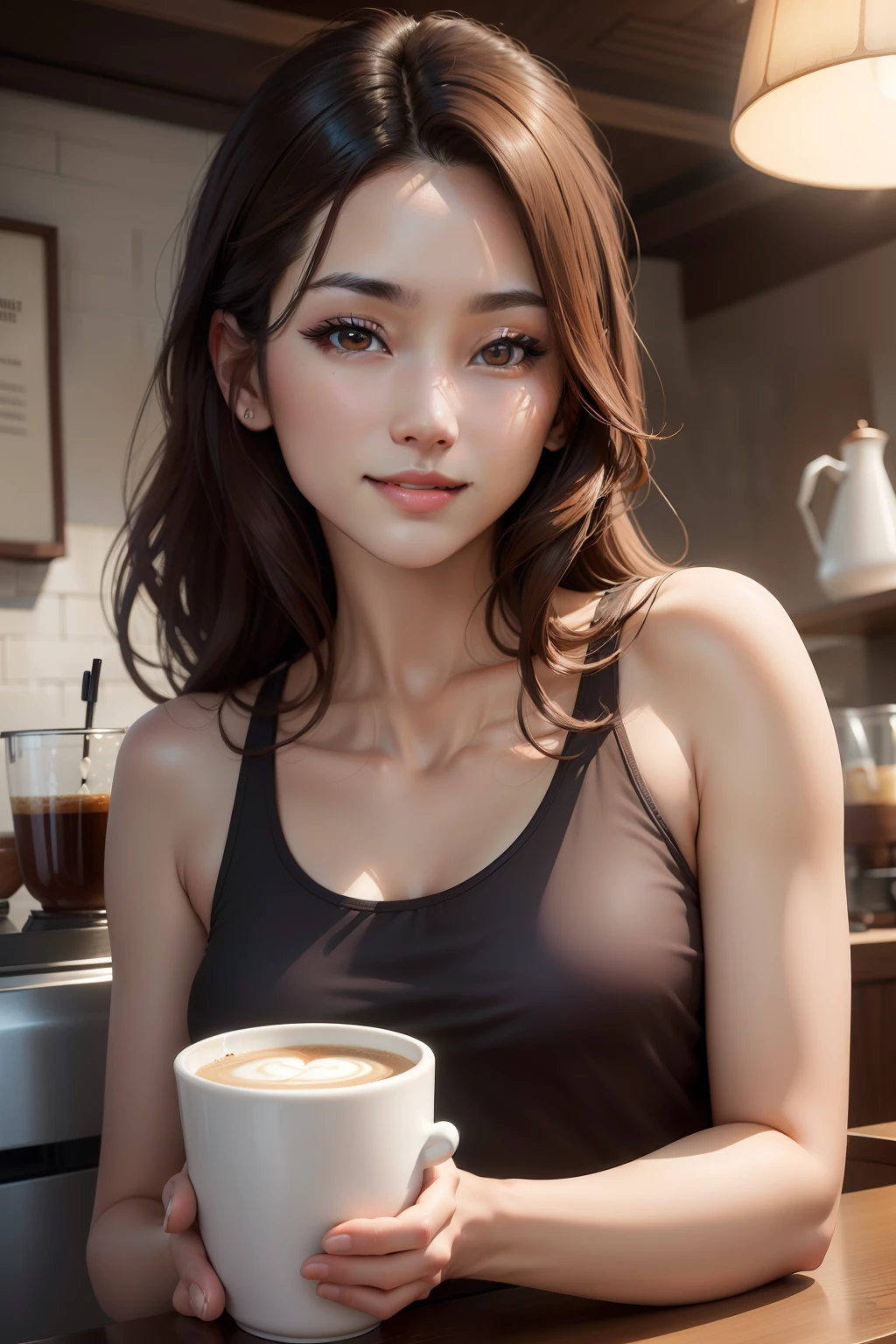 best qualtiy, ​masterpiece, (Photorealistic:1.2), 1 Korean woman, 30s, ligh brown hair, Brown eyes,frontage, Detailed face, Beautiful eyes and smile, Coffee Barista, Offering coffee, Tank Top Costume, medium shot
