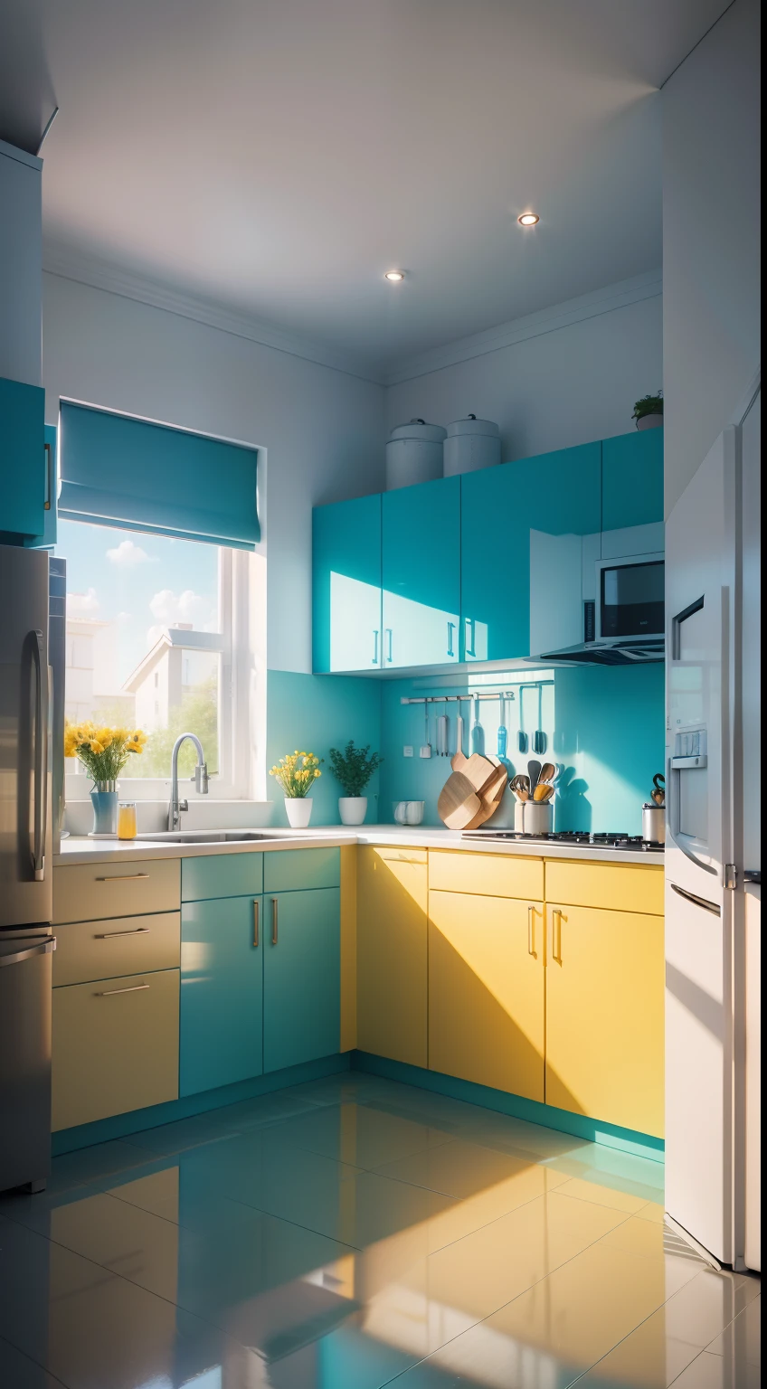 The modern kitchen is decorated with natural light and shades in a blue and yellow color scheme Reality 1:1 With 135 kitchen as the main background,Actively pay attention to grass, Warm color warm color cartoon offset printing C4D 3D blender