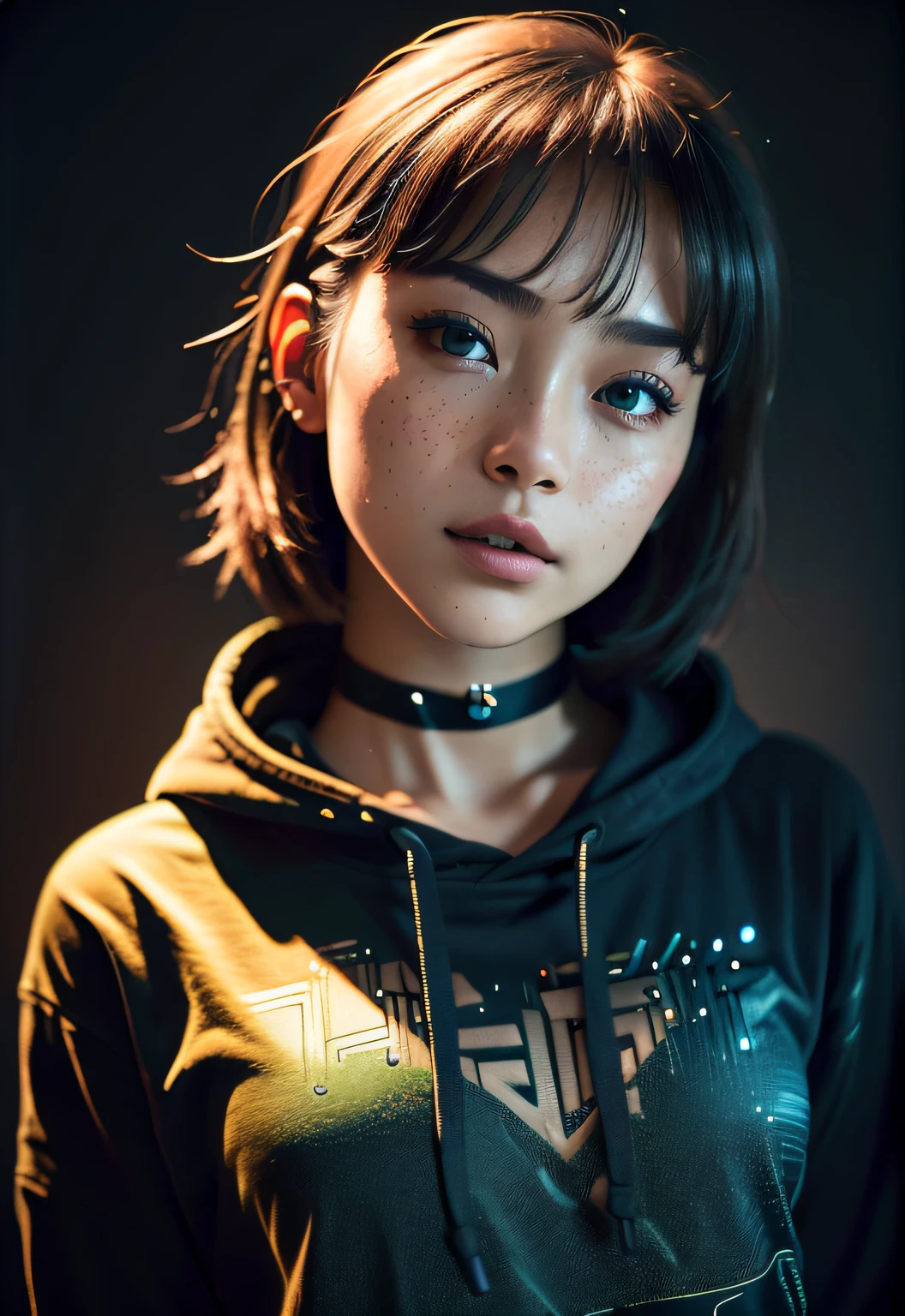 Raw photography、22-year-old girl、Blue Hoodie、(1girl in)、(realisitic)、(Photorealsitic:1.5)、lipsticks、hitornfreckles、Multicolor Hair、a choker、(Raw photography、8K UHD、film grains)、Sharp eyeliner、Blush eyeshadow with thick eyelashes、extremely delicate and beautiful、8K、(Soft lighting)、hightquality、hight resolution、foco nítido、ighly detailed、during the day、(sunlight on face)、beatiful detailed eyes、 extremely detailed eye and face、masterpiece、(lighting like a movie)、(high-detail skin:1.2)、8K UHD、Digital SLR、Soft lighting、hightquality、film grains、masterpiece, top-quality, hightquality, hight resolution