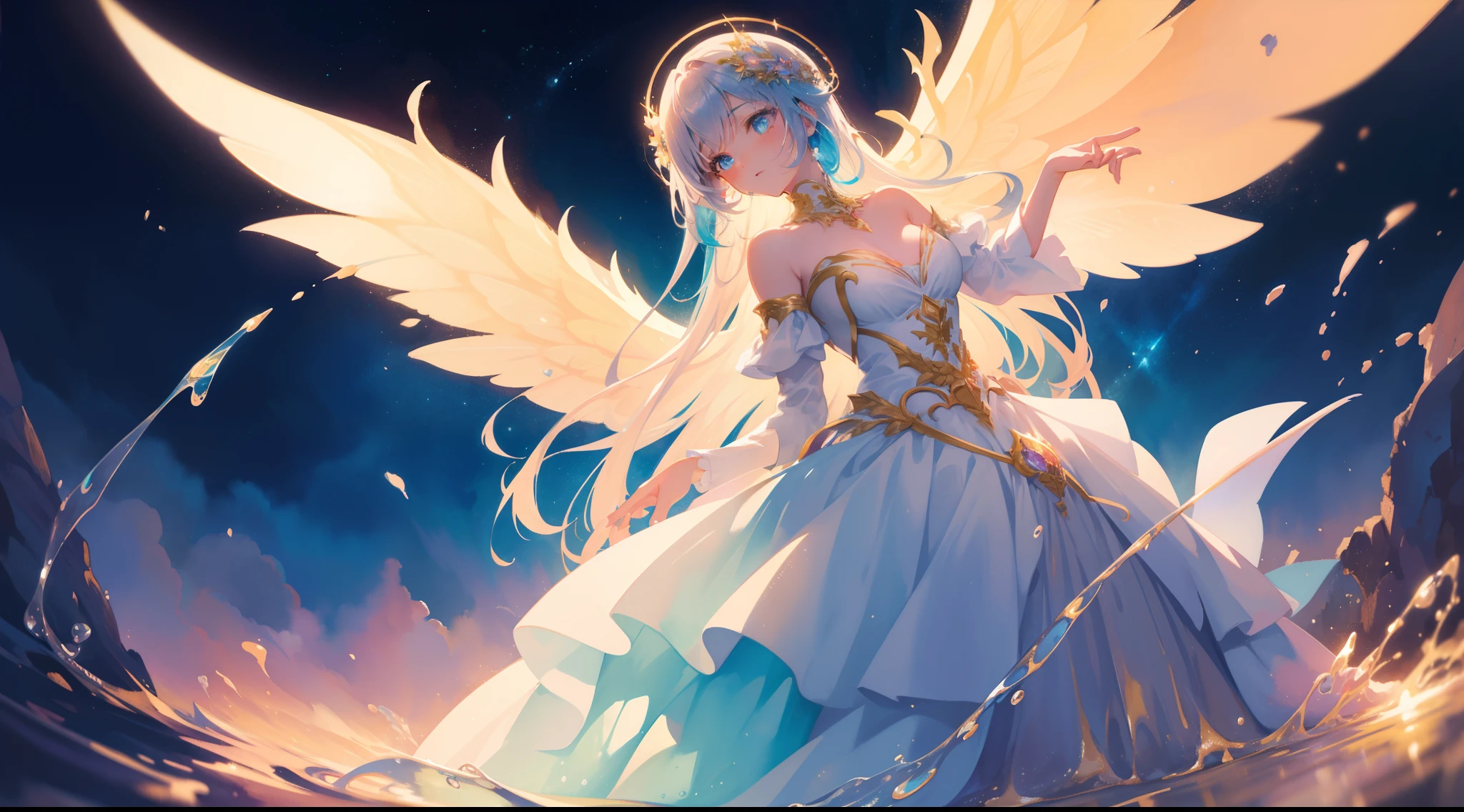masterpiece, best quality, sharp focus, 8k, intricately detailed environment, anime, watercolor illustration, colorful, bright colors, whimsical, glowing lights, liquid otherworldly, fairy lights, beautiful girl in flowing liquid glowing dress, perfect face, golden ratio, sparkling eyes, watercolor, liquid light, angel wings