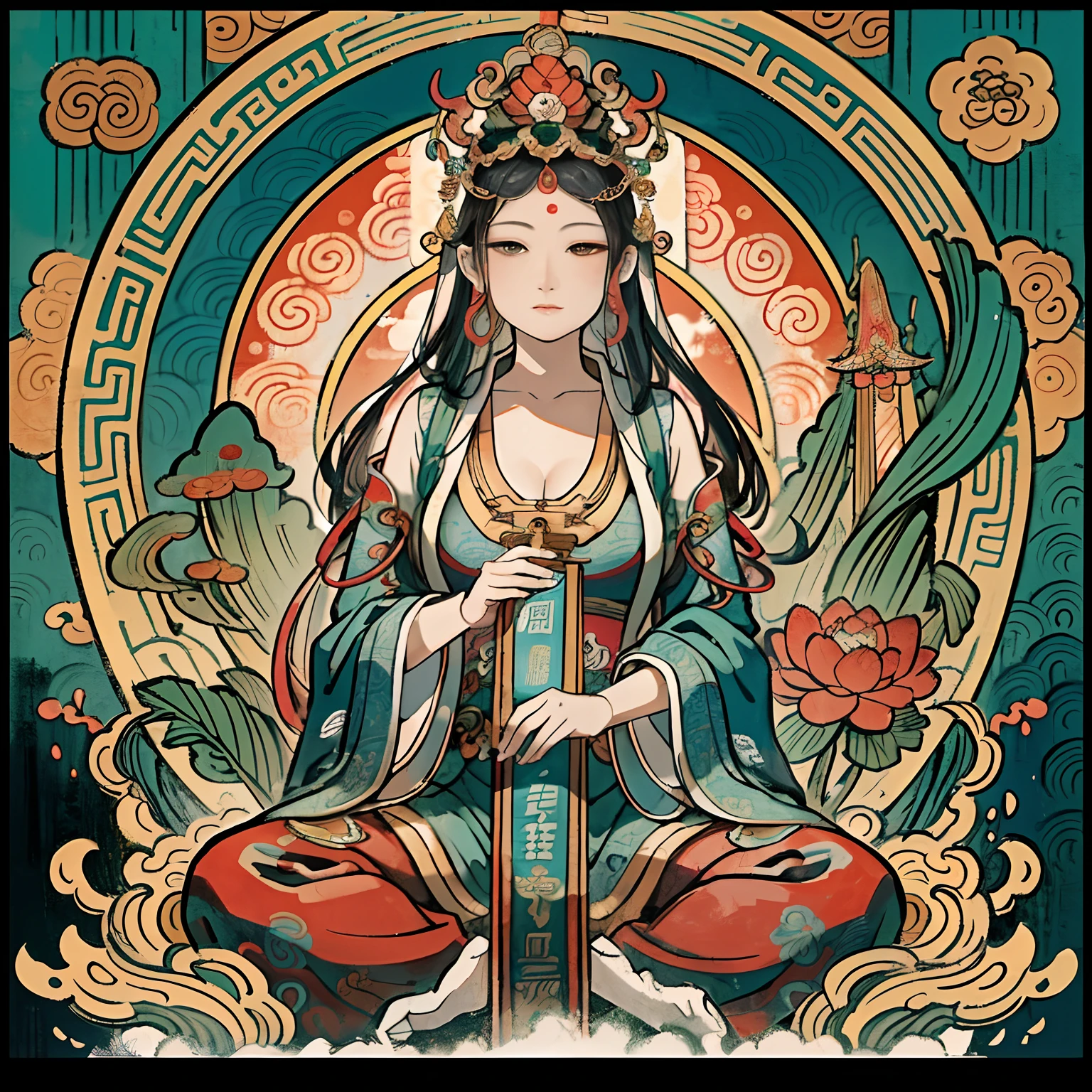 an ancient Chinese goddess, guanyin of the southern seas, Guanyin, Inspired by India, Avalokiteshvara,,Serene expression,shui mo hua,Buddha,Buddhist,Lotus,Chinese painting style,Thangka style