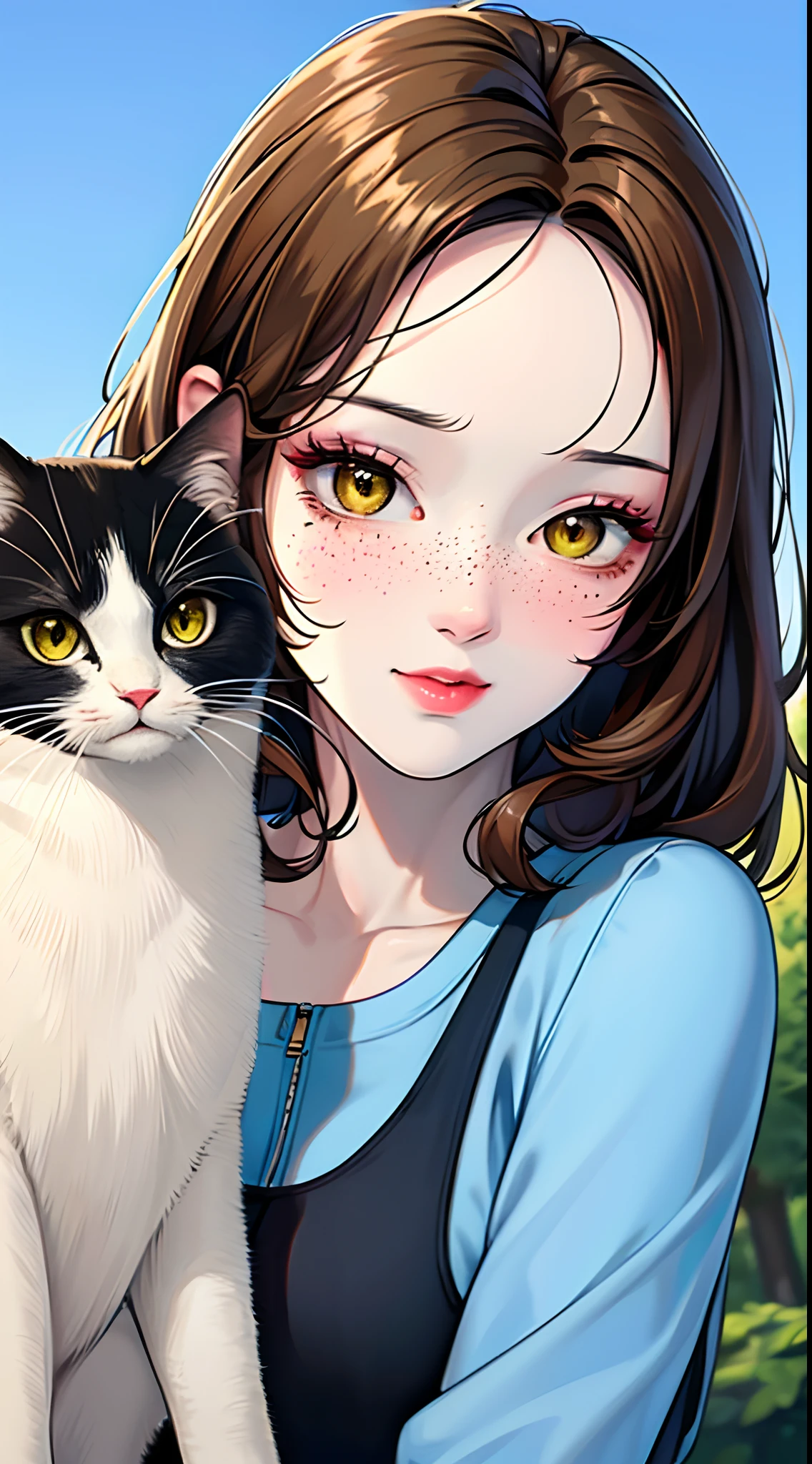 "Masterpiece, Ultra HD, HDR, 4K wallpaper, 1 girl, Female only, light curly hair, flawless skin, perfectly manicured hands, subtle freckles on her face, mesmerizing yellow eyes, wearing stylish sportswear, with a picturesque blue sky backdrop, accompanied by her adorable cat companion."
