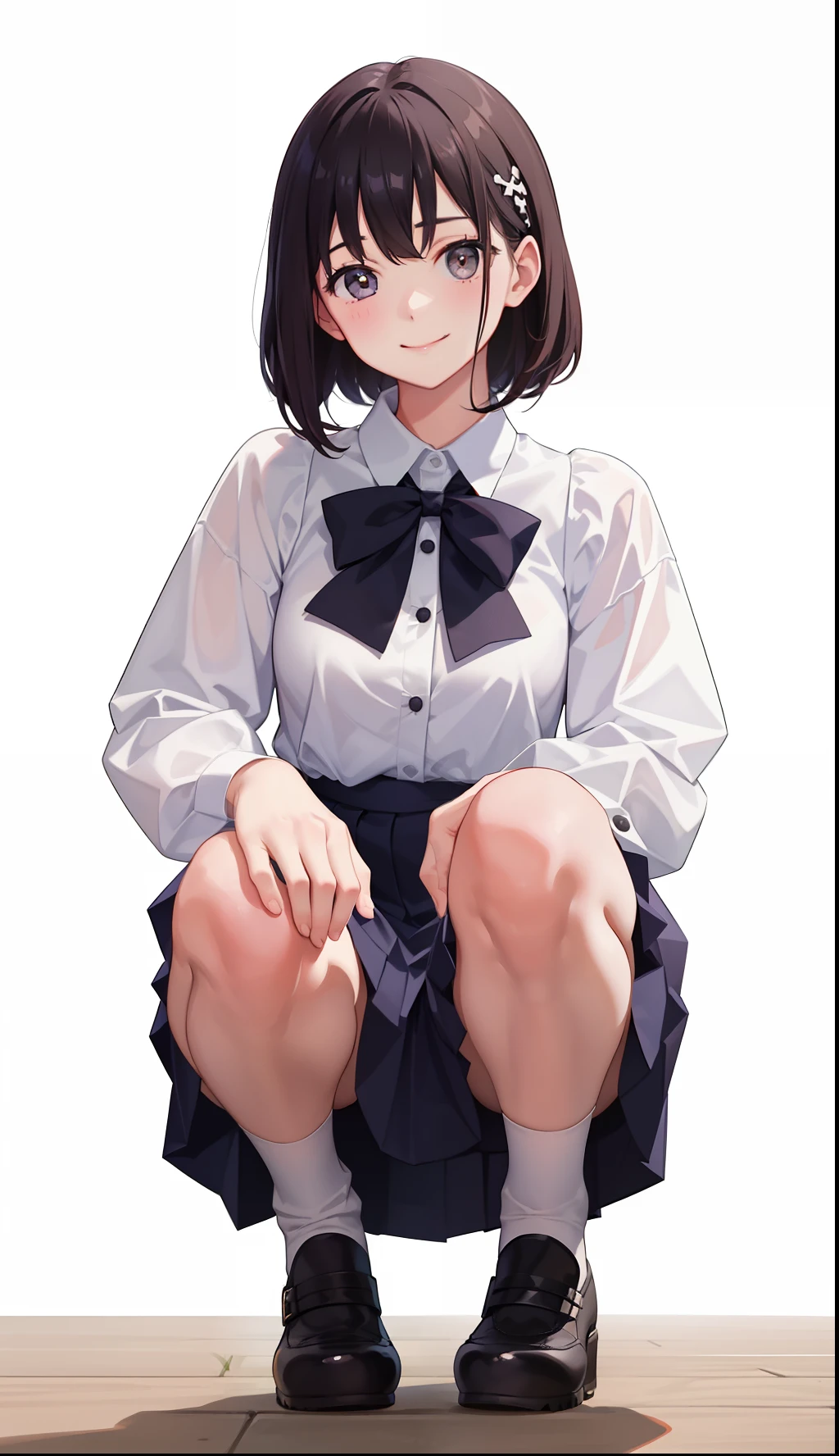 1girl in、A smile、A delightful!　The shirt、pleatedskirt、White skirt、（small tits）Squatting panchira、