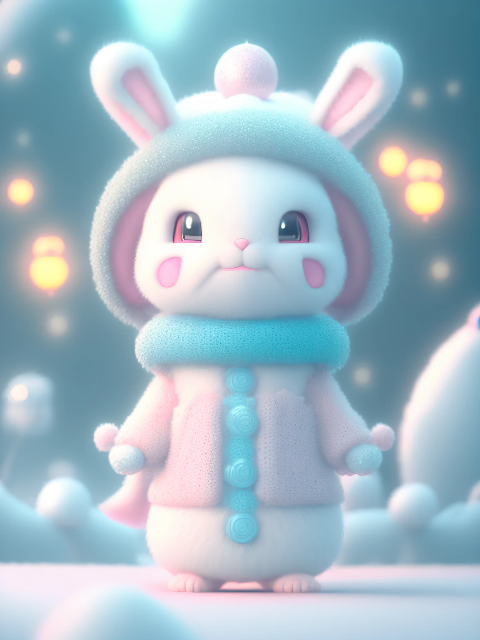up front view,3D,during fall,small and cute anthropomorphic white rabbit cub,Wearing a pink fisherman's hat,Soft cyan trench coat and soft slippers,full bodyesbian,standing on your feet,symmetrical ears,big bright eyes,sweet smiling face,Holding a glowing Buddha bead,Intricate furry details,soft cinematic lighting,8k,sportrait,Pokmon animation style,rendering by octane, rendered in unrealengine,high qulity
