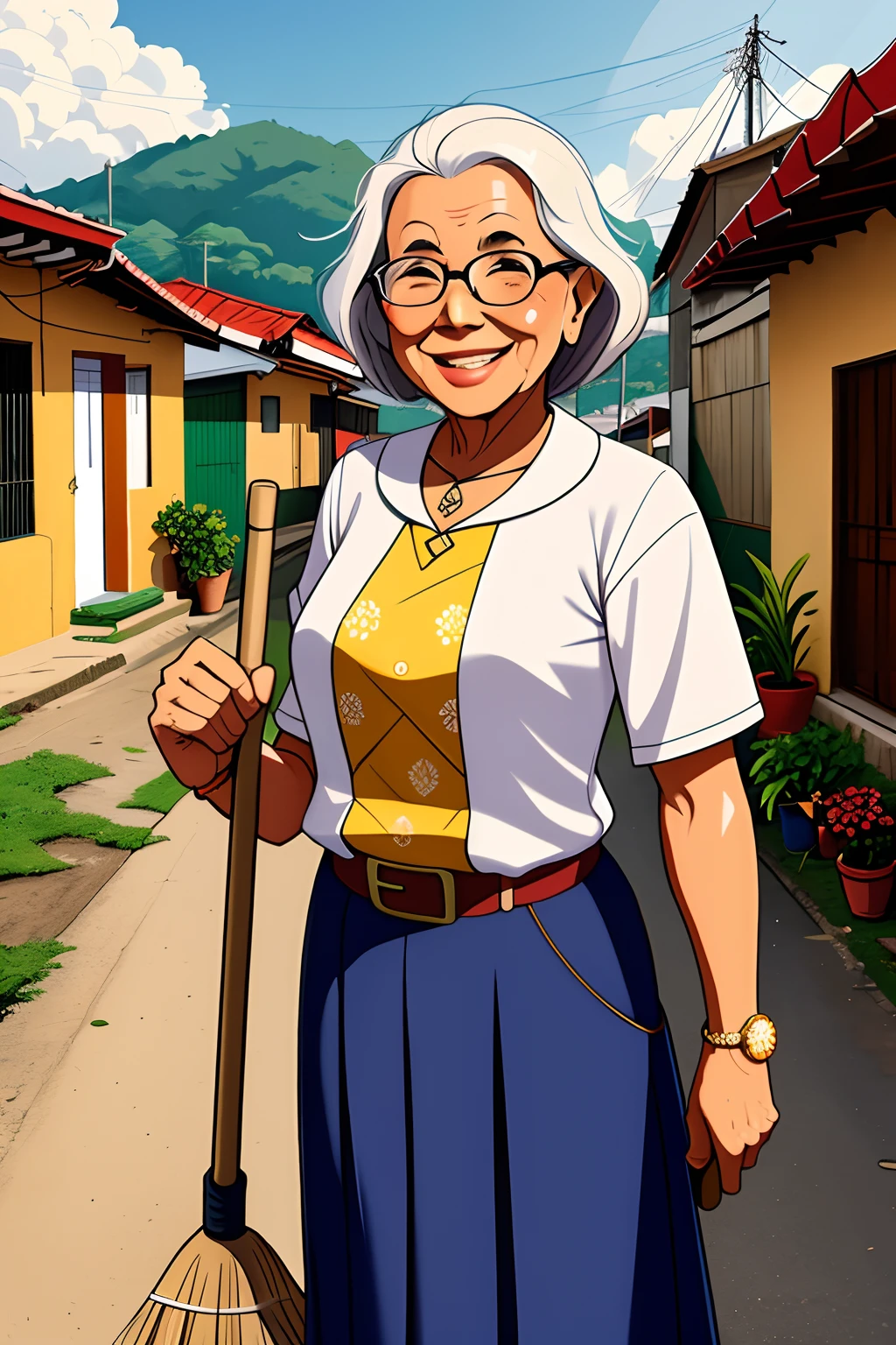 Obra-prima, Melhor, Noite, Lua Cheia, 1 Feminino, Grandma Old Woman, Estilo latina, Grandmother with broom in hand, Cara sorrindo, Mulher de cabelos cacheados brancos prateados, calma, intelectual, Three belts, cinza Hitomi, assassino, adaga, fundo favelas vista para a rua
