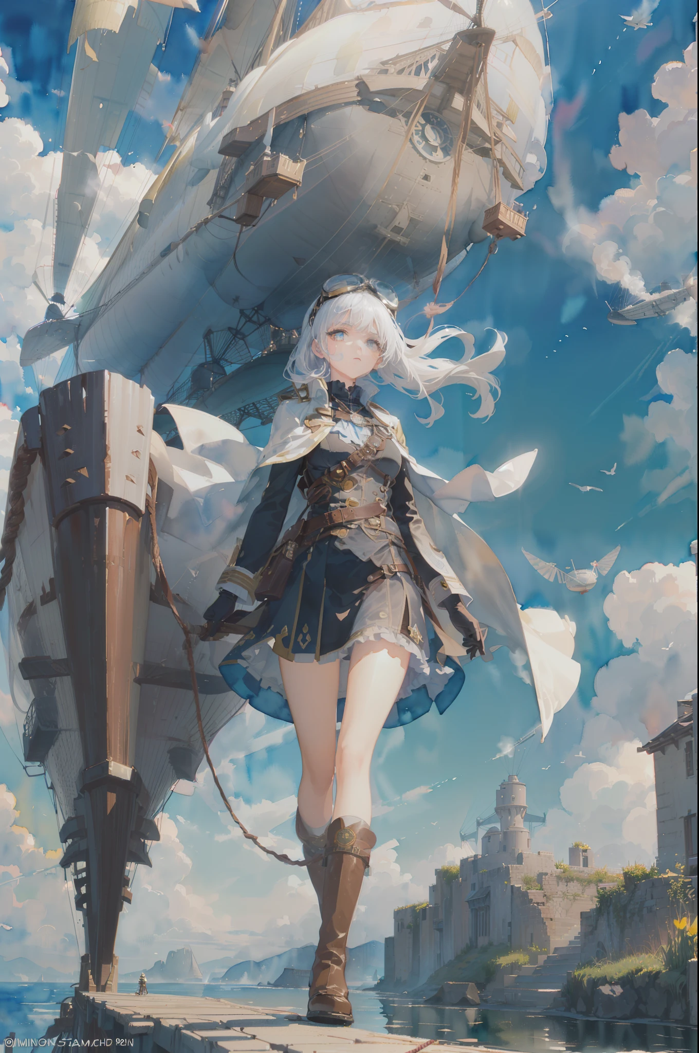(((masterpiece))),((extremely detailed CG unity 8k wallpaper)),((ultra-detailed)),(cinematic lighting:1.3),dream,(detailed Steampunk:1.2),(Victorian era:1.2),sunny,(clear sky:1.2),(depth of field),dynamic angle,(bright color:1.3),((((watercolor_(medium))))),(sketch:1.3),(ink:1.3),(chromatic aberration:1.3),(magnificent blue fantasy sky and white clouds:1.3),(skyview),(sunlight),lens flare,(flying pigeons),(caustic:1.3),(Floating airship above:1.5),(harbor:1.2),(steamship:1.2),(sea),(horizon),skyline,(Pocket watch),romanticism,mountains in distance,((Leather boots)),(Leather coat),((Windbreaker)),((Motorcycle goggles)),(Precision flight watch:1.2),(steam:1.3),fantasy,(steam engine),wind,fog,steam whistle,Canvas wing,((Steam punk wings)),(hang glider),(Canvas propeller),Hot Air Balloon,Balloon,(Waving Flag),(rope),Flying splashes,(grand space),scenecy,background,(vapour),(1girl:1.4),(loli:1.2),(kawaii),(bishoujo:1.3),(long white cape:1.3),(pearl white eyes:1.2),(white hair:1.2),smooth hair,black gloves,(black suit),ahoge,(long white ponytail:1.2),(extremely detailed cute face:1.3),(expressionless:1.2),(indifferent),mute,(wide shot:1.3),(close to viewer:1.2),close up,(beautiful detailed face:1.3),(beautiful detailed eyes)