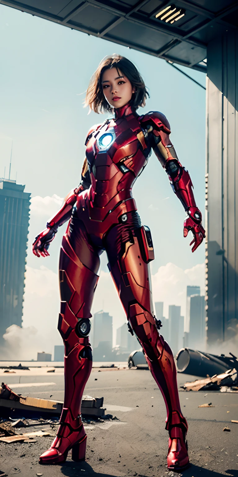 RAW, Masterpiece, Ultra Fine Photo,, Best Quality, Ultra High Resolution, Photorealistic, Sunlight, Full Body Portrait, Stunningly Beautiful,, Dynamic Poses, Delicate Face, Vibrant Eyes, (Side View) , she is wearing a futuristic Iron Man mech, red and gold color scheme, highly detailed abandoned warehouse background, detailed face, detailed and complex busy background, messy, gorgeous, milky white, high detailed skin, realistic skin details, visible pores , sharp focus, volumetric fog, 8k uhd, dslr camera, high quality, film grain, fair skin, photorealism, lomography, sprawling metropolis in futuristic dystopia, view from below, translucent