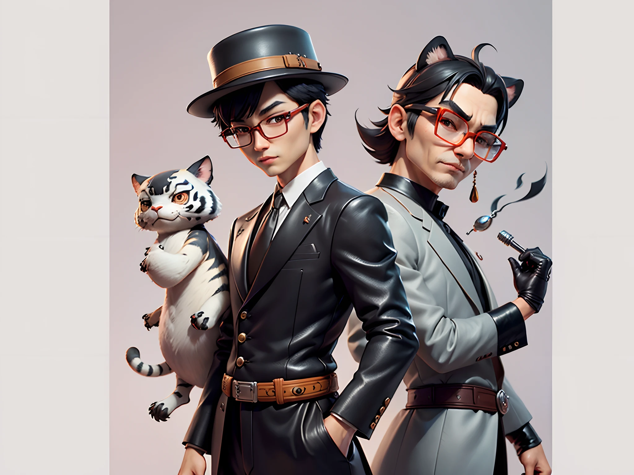 Young man with oriental face in leather hat, tiger, oriental face in formal suit, short black hair, silver glasses, digital painting, 3D character design by Mark Clairedon and Pixar and Hayao Miyazaki and Akira Toriyama, the illustration is a high-definition illustration in 4K resolution with very detailed facial features and cartoon-style visuals.