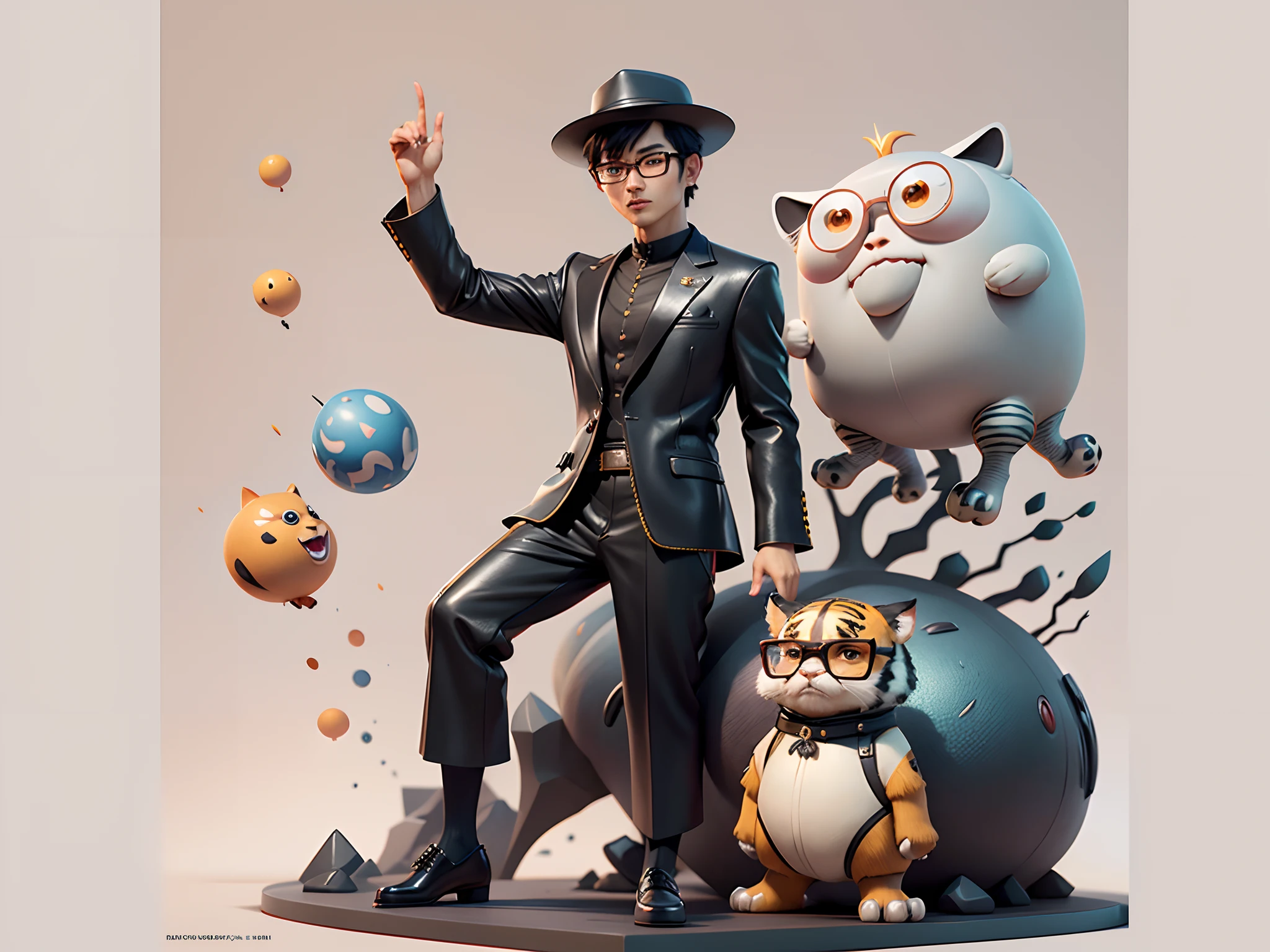 Young man with oriental face in leather hat, tiger, oriental face in formal suit, short black hair, silver glasses, digital painting, 3D character design by Mark Clairedon and Pixar and Hayao Miyazaki and Akira Toriyama, the illustration is a high-definition illustration in 4K resolution with very detailed facial features and cartoon-style visuals.