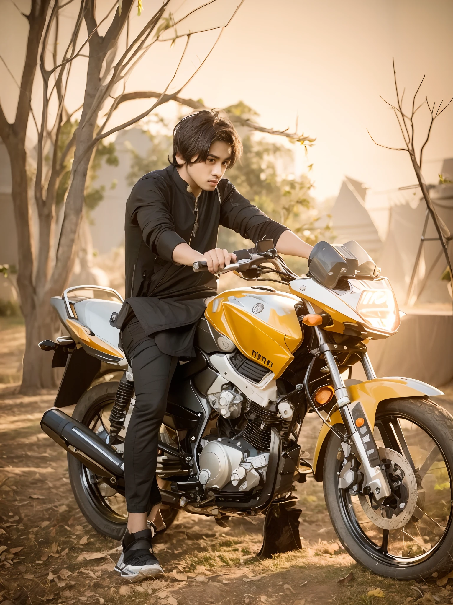 boy sitting on a motorcycle in a park with trees in the background, motorcycle, kyza saleem, motorbiker, khyzyl saleem, * colour splash *, by Riza Abbasi, modeling shoot, cool pose, casual photography, photoshoot, full body photogenic shot, with a cool pose, stylish pose, biker, riding a motorcycle, mid shot portrait