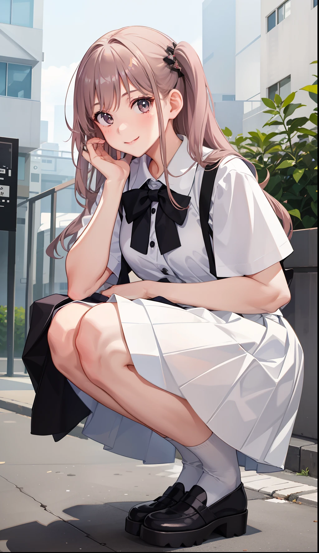 1girl in、A smile、A delightful! The shirt、pleatedskirt、White skirt、(small tits)Squatting panchira、