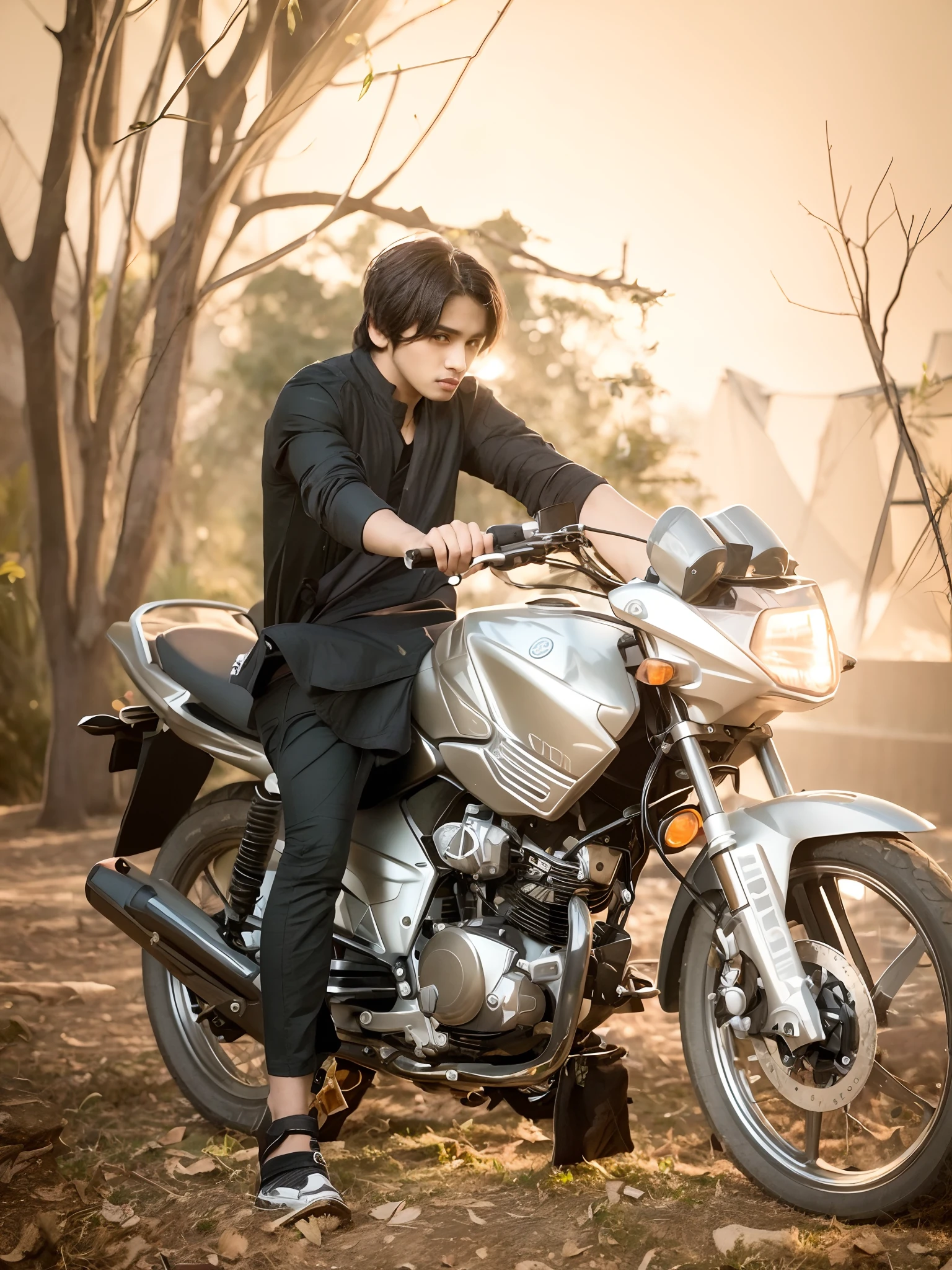 boy sitting on a motorcycle in a park with trees in the background, motorcycle, kyza saleem, motorbiker, khyzyl saleem, * colour splash *, by Riza Abbasi, modeling shoot, cool pose, casual photography, photoshoot, full body photogenic shot, with a cool pose, stylish pose, biker, riding a motorcycle, mid shot portrait