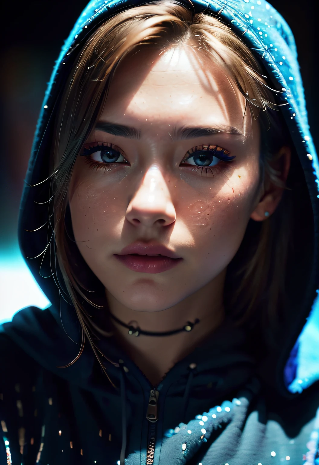 Raw photography、22-year-old girl、Blue Hoodie、(1girl in)、(realisitic)、(Photorealsitic:1.5)、lipsticks、hitornfreckles、Multicolor Hair、a choker、(Raw photography、8K UHD、film grains)、Sharp eyeliner、Blush eyeshadow with thick eyelashes、extremely delicate and beautiful、8K、(Soft lighting)、hightquality、hight resolution、foco nítido、ighly detailed、during the day、(sunlight on face)、beatiful detailed eyes、 extremely detailed eye and face、masterpiece、(lighting like a movie)、(high-detail skin:1.2)、8K UHD、Digital SLR、Soft lighting、hightquality、film grains、masterpiece, top-quality, hightquality, hight resolution