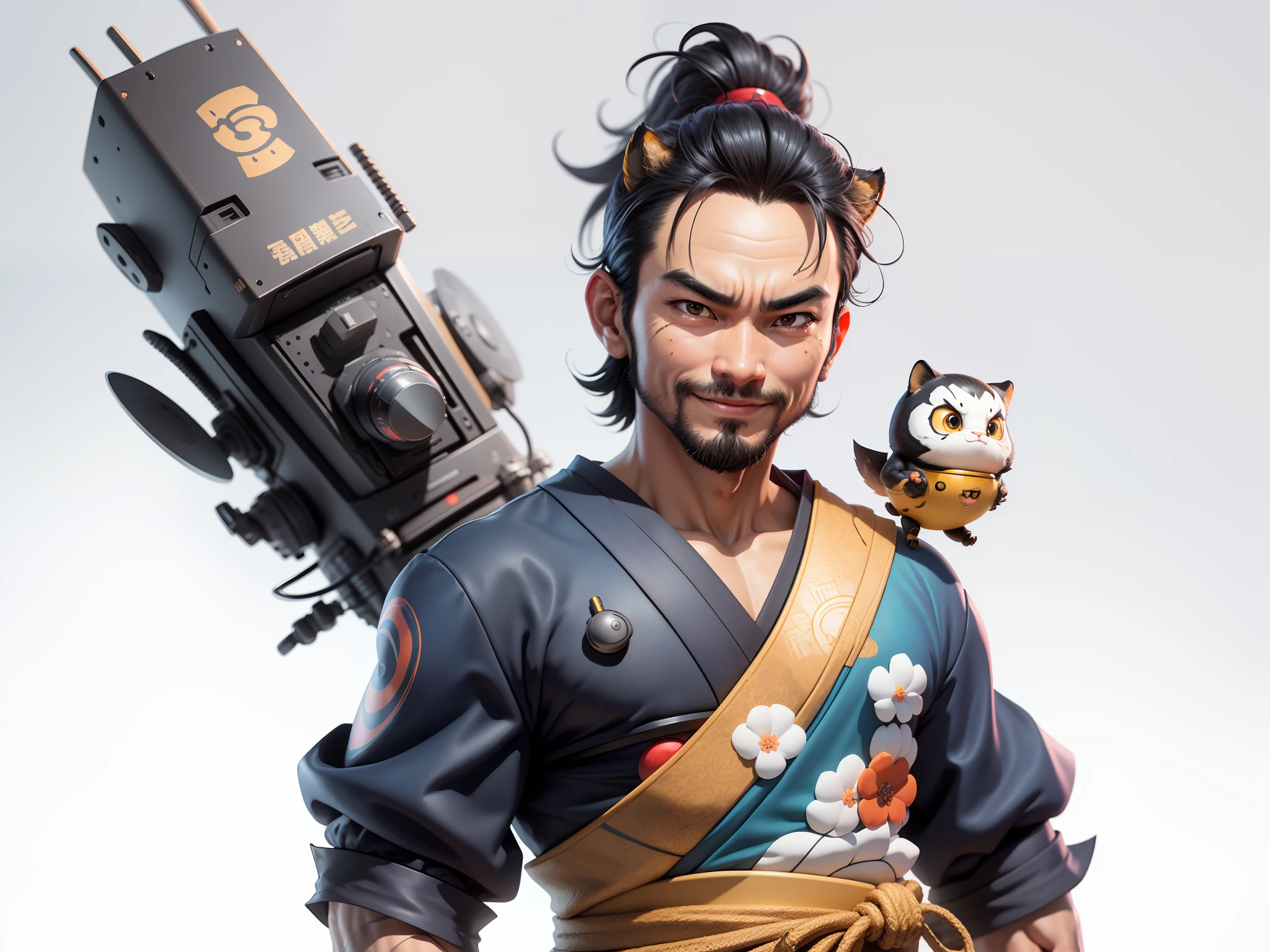 (Daisaku),(Need),(Super meticulous),(full bodyesbian:1.2),Super young man with Japanese geisha,Beautiful,orient,one tiger,Aeolian Thor,Raised sexy,爆乳,Oriental face,TV Anchor,Bust portrait illustration,In black suit,a blue tie,The face is slightly chubby,The face was clean,without a beard,Black super short hair,Black eyes,Smile confidently,3C computer sub-products,iPad, iphone,Digital painting,3D character design by Mark Clairen and Pixar and Hayao Miyazaki and Akira Toriyama,The illustration is a high-definition illustration in 4K resolution,With very detailed facial features and cartoon-style visuals。