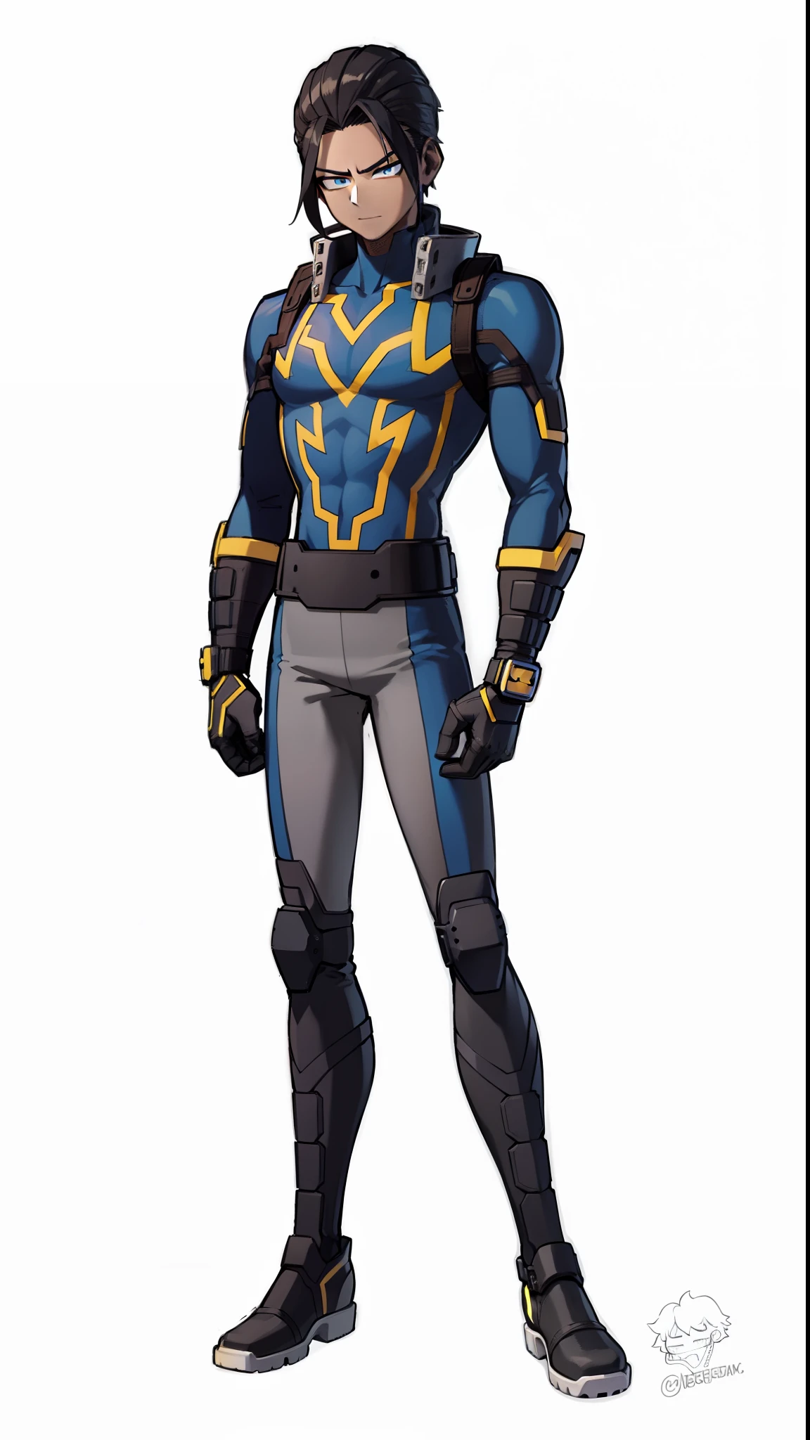My Hero Academia style, anime boy, male, young male, trending on artstation pixiv, (full body shot:0.5), Masterpiece, fullbody suit, Hero costume, Dark-skinned male, Brown Skin, dreadlocks, brown hair, Blue eyes, Dark blue trench coat with black stripes, Dark blue suit with black stripes, yellow lightning bolt logo on chest,chest lightning logo, lightning logo, chest logo, yellow lightning logo, yellow goggles on the forehead, goggles on the forehead, yellow goggles, black ankle boots, toe-cap ankle boots, yellow knee pads, black gloves, black background, black background with blue lightning, blue lightning, background with lightning,