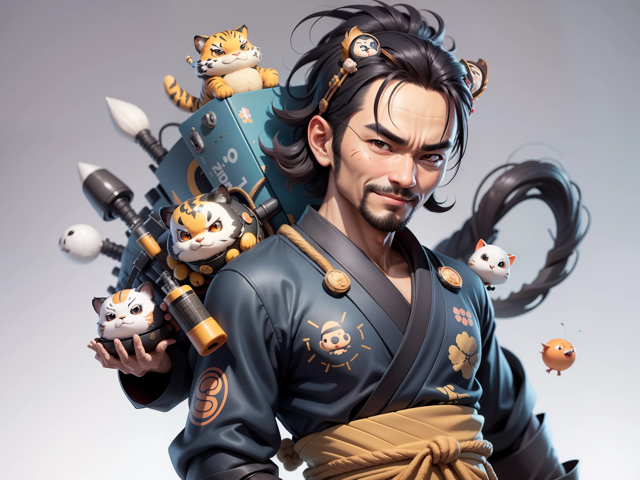 (Daisaku),(Need),(Super meticulous),(full bodyesbian:1.2),Super young man with Japanese geisha,Beautiful,orient,one tiger,Aeolian Thor,Raised sexy,爆乳,Oriental face,TV Anchor,Bust portrait illustration,In black suit,a blue tie,The face is slightly chubby,The face was clean,without a beard,Black super short hair,Black eyes,Smile confidently,3C computer sub-products,iPad, iphone,Digital painting,3D character design by Mark Clairen and Pixar and Hayao Miyazaki and Akira Toriyama,The illustration is a high-definition illustration in 4K resolution,With very detailed facial features and cartoon-style visuals。