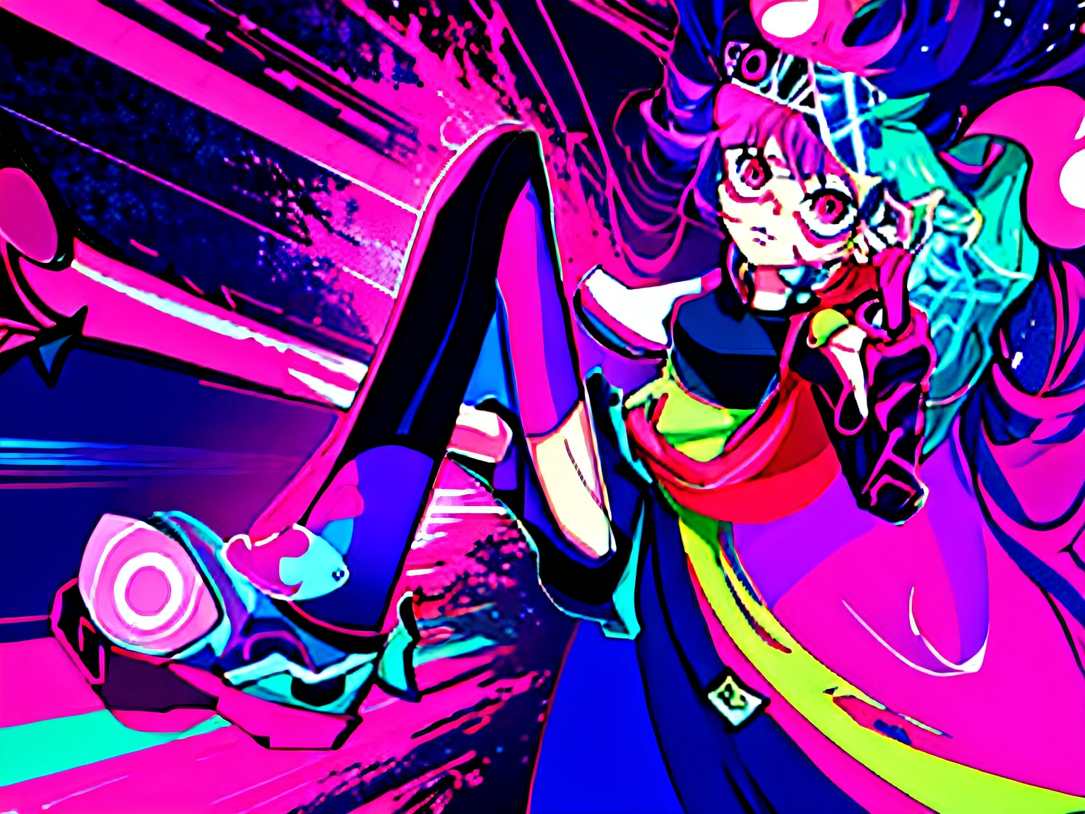 Anime girl sitting on purple surface with pink hair and green shoes, with splatoon style, style of jet set radio, 2 d anime style, digital art from danganronpa, anime moe art style, weird expressionist pose, unknown artstyle, 2 d style, Anime Stylization, [ Digital art ]!!, Stylized anime, A high resolution, homestuck