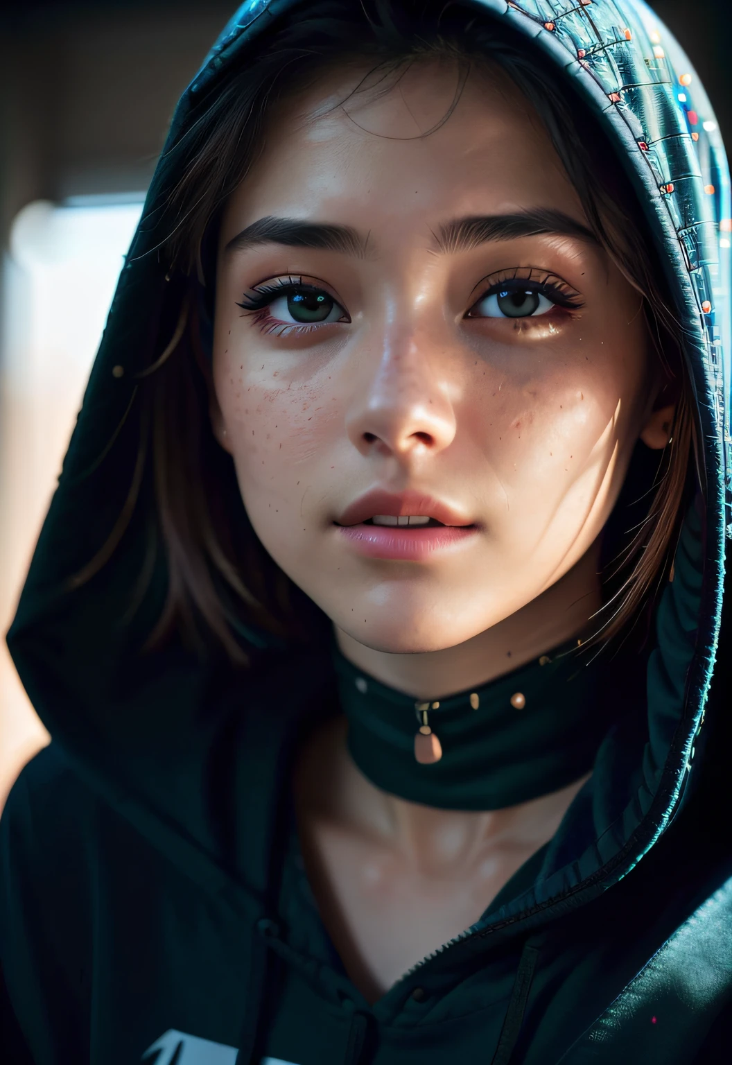 Raw photography、22-year-old girl、Blue Hoodie、(1girl in)、(realisitic)、(Photorealsitic:1.5)、lipsticks、hitornfreckles、Multicolor Hair、a choker、(Raw photography、8K UHD、film grains)、Sharp eyeliner、Blush eyeshadow with thick eyelashes、extremely delicate and beautiful、8K、(Soft lighting)、hightquality、hight resolution、foco nítido、ighly detailed、during the day、(sunlight on face)、beatiful detailed eyes、 extremely detailed eye and face、masterpiece、(lighting like a movie)、(high-detail skin:1.2)、8K UHD、Digital SLR、Soft lighting、hightquality、film grains、masterpiece, top-quality, hightquality, hight resolution