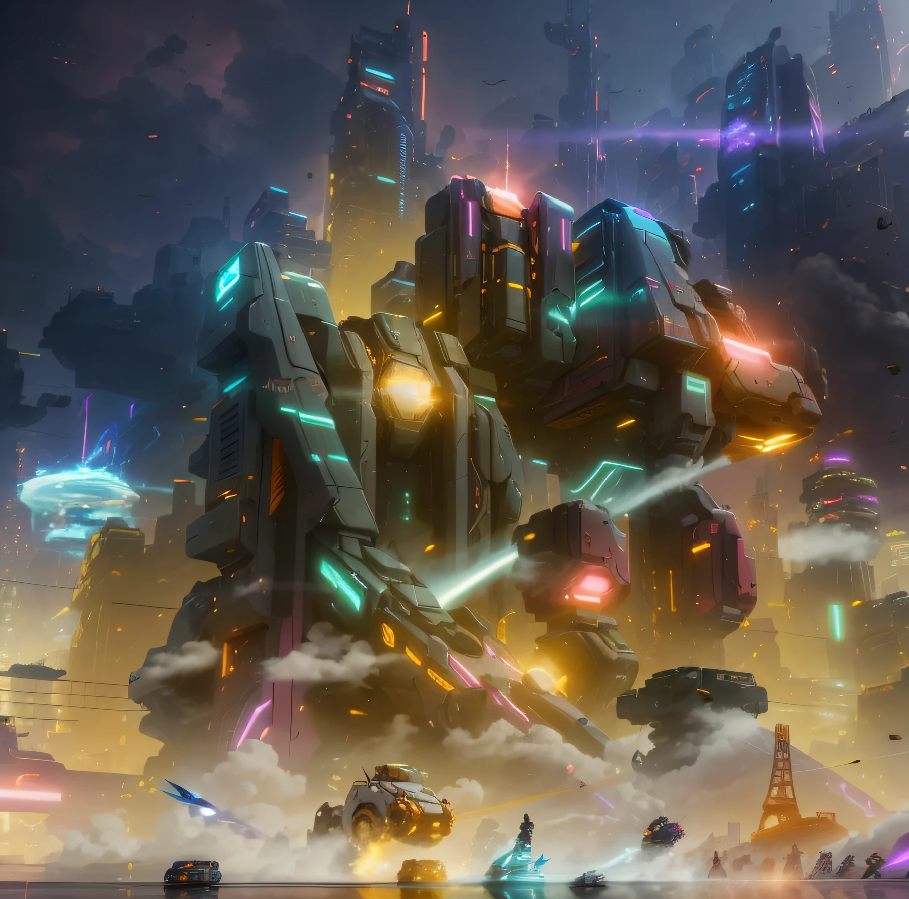 Physical rendering，deep colour，Pink and blue neon signage，Dark night view of the city，（scifi style： 1.8）， buliding， amplitude， （tmasterpiece： 1.8）， （hyper realisitc： 4.0） （8K, Yes： 1.8）， （RAW photogr： 1.8）， （ultra - detailed： 1.4）， （HighestQuali： 2.1）， （Best shadow： 1.2）， （depth of fields： 0.06）， （Lens reflections： 1.4）， （color difference： 0.4）， （Caustics： 2.4）， （Style - GBF： 0.75）， fixed angle， （low angles： 0.3）， Giant robots， fight position， Sword and fire， Cidade futuristica， Future wars， makina， turbines， laser， pipelines， chain， mills， Area light， Orange colors， Pink and purple sky， （Camera 130mm： 1.4）， exteriors， realisticlying， photore， photore， tmasterpiece， photorealestic， photorealisti， photorealisti， hight contrast， Digital Art Station 8K, High-definition photo fidelity, Photo fidelity trends, realistic detail， A detailed， HighestQuali， 超A high resolution， （realisticlying： 4.0）， A high resolution， A detailed， RAW photogr， Sharp Re，  F1.8 lenses Rich in color， hyper realisitc， textures true to reality， unreal-engine， Trend at Artstation，cinematic ligh， 8K