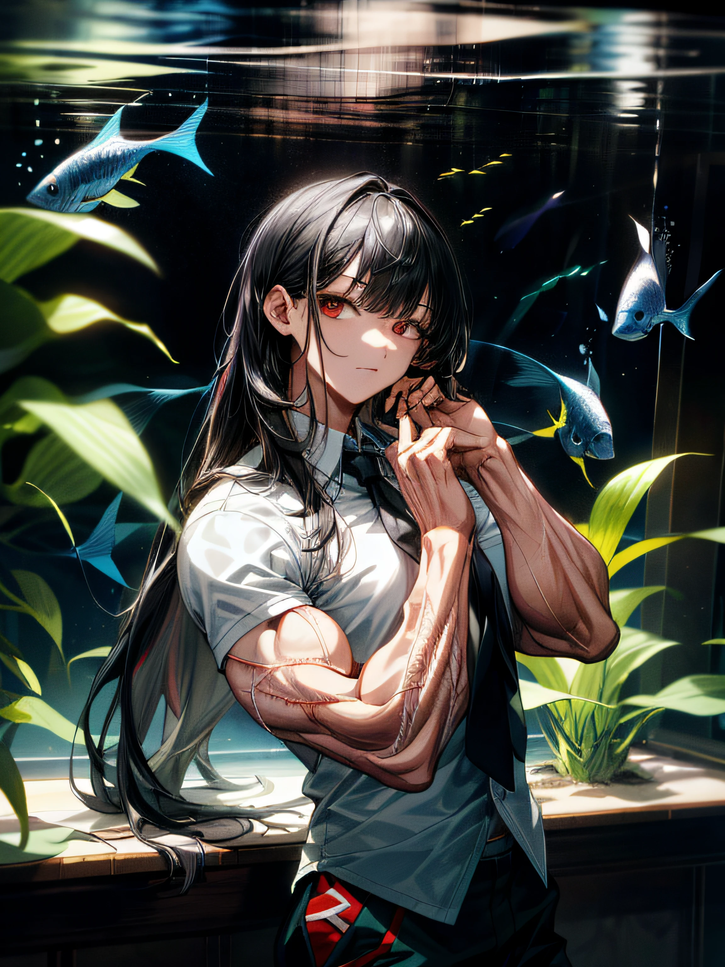 (best lighting) , (super-complex details) , 4K unified, (super-detailed CG: 1.2) , (8K: 1.2),(original), (masterpiece) , (best quality),(Masterpiece:1.4),Anime-ish high quality,(masterpiece),masterpiece, best quality, absurdres,((Masterpeace, 4k, 8k, highres)),(masterpiece), (best quality), (ultra-detailed), (an extremely delicate and beautiful), ((cowboy shot)), 1 woman, Yoru, beautiful face, detailed face, red eyes, scar on the cheek, long hair, black hair, school uniform, white shirt, black tie, dynamic pose, looking at viewer, on a aquarium, fish tank behind her, algae, marine life, blurred bottom, female focus, depth of field, full HD, high definition, high resolution



, ((body builder:1.5)),temple background,(beautiful bace),(girl),(female),(((upper body:1))),from front