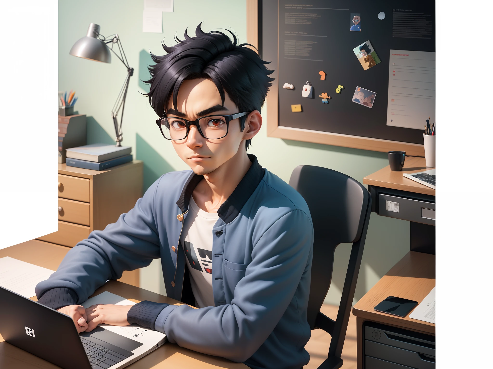 A young man with glasses sits at his desk,holding laptop,digitial painting,3D character design by Mark Clairen and Pixar and Hayao Miyazaki and Akira Toriyama,4K HD illustration,Very detailed facial features and cartoon-style visuals。