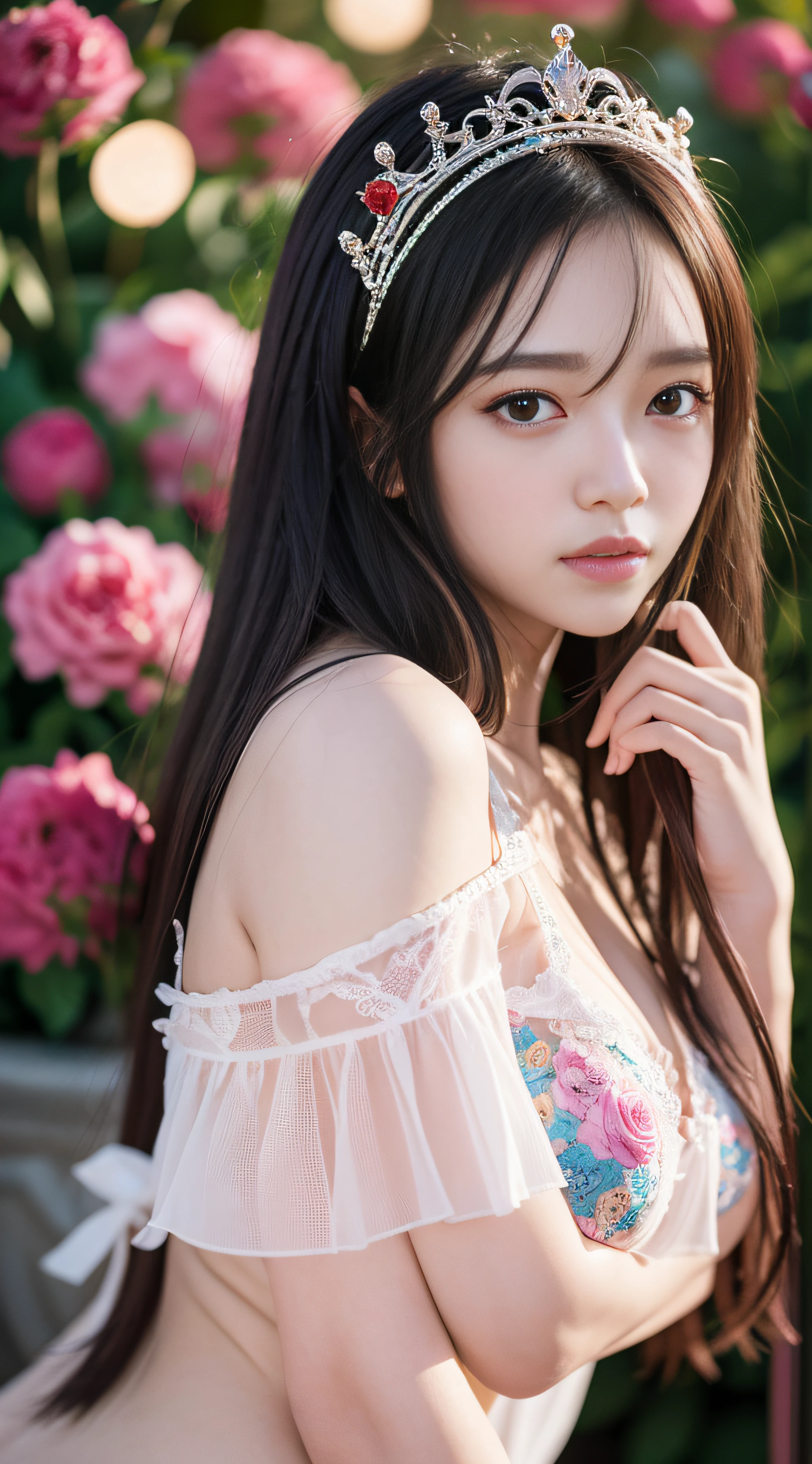 1girll,19 years old,Beautiful vintage colors,Instagram(realisticlying,A high resolution:1.4),(puffy eye)),fully body photo(8K,RAW photos,best qualtiy,tmasterpiece:1.2),(realisticlying,Photorealistic and realistic:1.37),(Sharp focus:1.2),profesional lighting,photon maping,Radio City,physically-based renderingt,(paleskin:1.2),,(little breast:1.5),(Hair in the middle:1.2),a purple eye,(Black hair:1.2),By bangs, 独奏, (stands in the garden:1.3), realisticlying, (tmasterpiece:1.4),(best qualtiy:1.4),(shiny skins),Fahi girl,putting makeup on,(Keep one's mouth shut:1.4),(being thin,is shy,:1.3),(Gorgeous lingerie:1.2), Urzang-6500-V1 Edition.1, PureErosFace_V1, surrounded by colorful roses, (Sunset:1.3),((Slim body)),tiara crown,Bokeh,hyper HD,(Vibrant and Colorful:1.3)