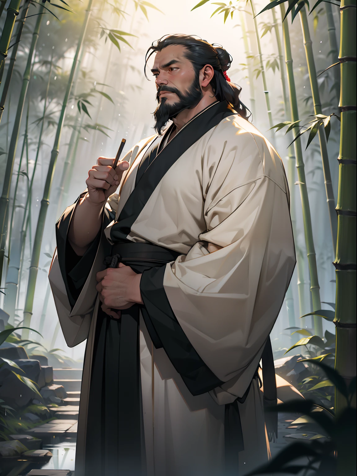 Deep in the bamboo forest, Chinese Ancient Times，raining day, A middle-aged male, 50yearsold, With a beard，dressed white hanfu, Standing in a bamboo forest, A hand touched his beard，Place one hand behind your back，look up to，Quiet, Cinematic lighting, in a panoramic view, Masterpiece, ccurate, Super detail, Award-Awarded, Best quality