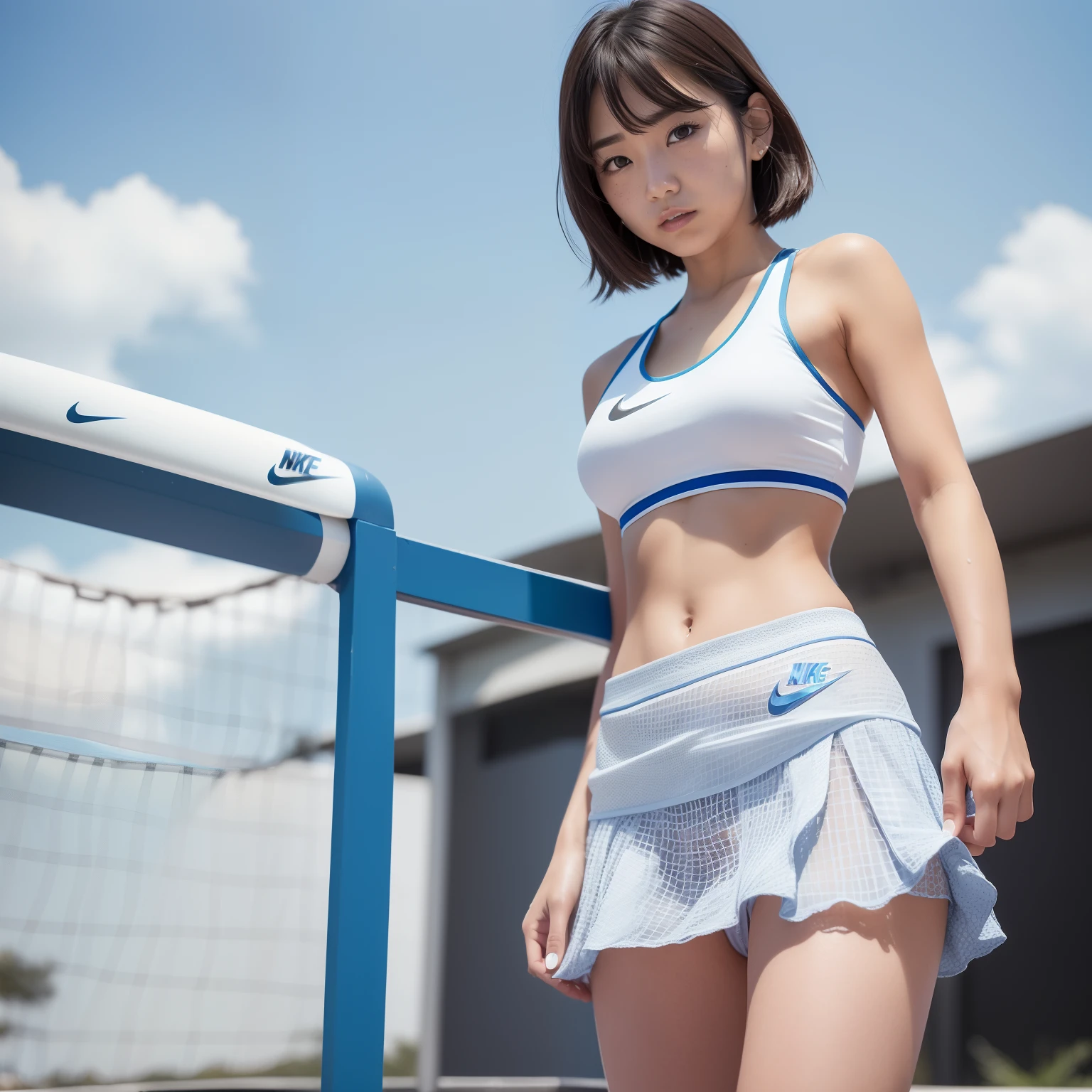 (Solo), (a detailed full-body RAW photo of a girl), (masutepiece:1.0), (Best Quality:1.4), (超A high resolution:1.2), (Photorealistic:1.4), 8K resolution, Canon EOS R5, 50 millimeters, absurderes, ultra-detailliert, (40yo), Cinematic lighting, Detailed beautiful face, (no-makeup:1.2), (ulzzang -6500-v1.1), petite figure, Detailed skin texture, (flat chest:1.4), (skinny and fit body:1.6), Detailed brown hair, sweltering,(Very short hair:1.5), See Through wear, no bra, (nike blue and white thin tank top with erect nipple and thin tennis skirt:1.5), upskirt, wind, More transparent, realistic glistening skin, Detailed texture, Cameltoe, well-developed abs, wet wear, stylish pose, panty shot from below, crotch focus, blue sky, (satomi ishihara:0.7), bikini tan,