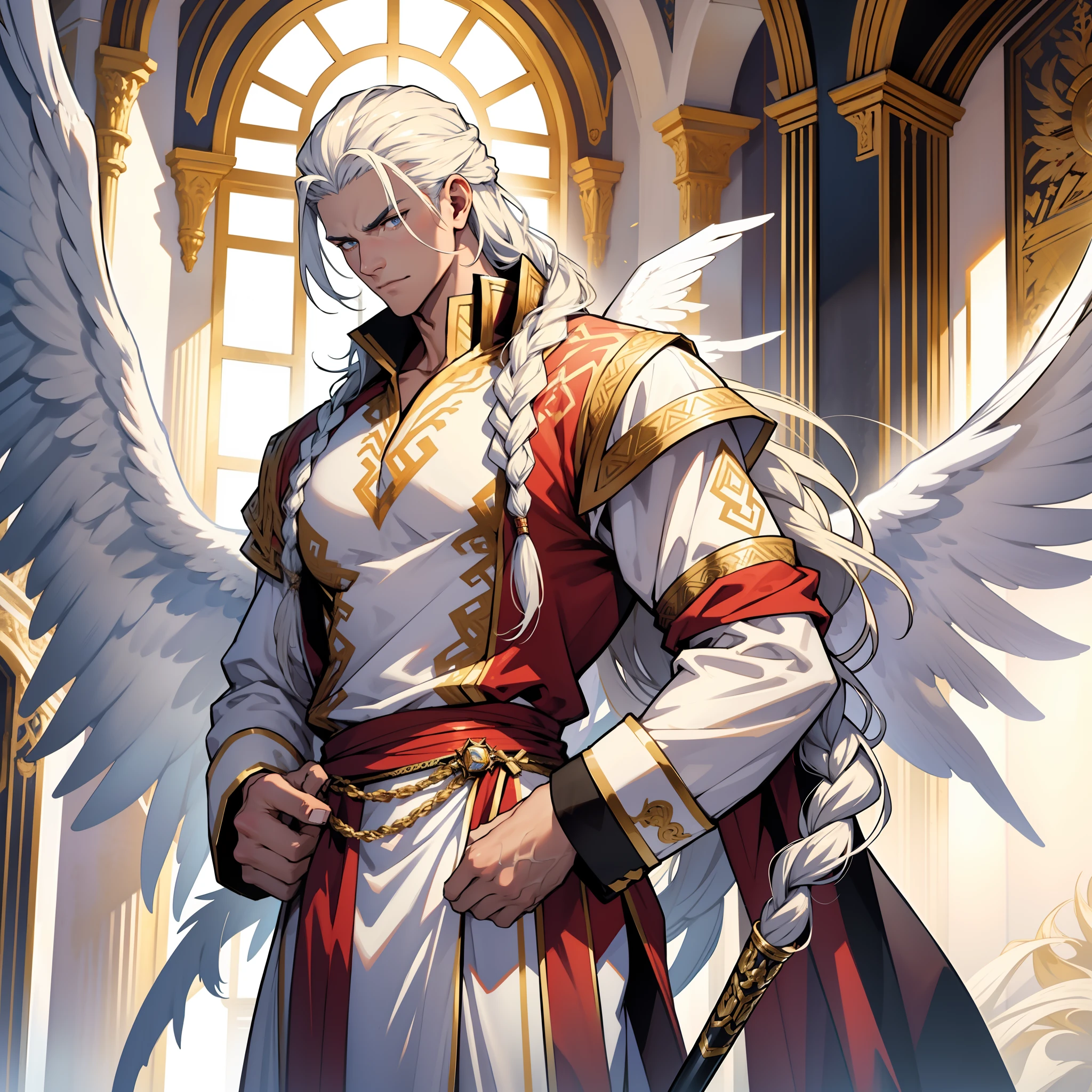 Caius is a handsome male, stands at 7ft tall. He has an athletic body structure. He wears royal attire thats silver and gold. He has beautiful long white silky hair and a golden eye color. He is seen with a staff. He has huge white wings. A big bulge in his pants. White Phoenix human form. His hair is braided back. Bara. Roman nose. Muscular. Defined jawline. White flames. White fire. Palace