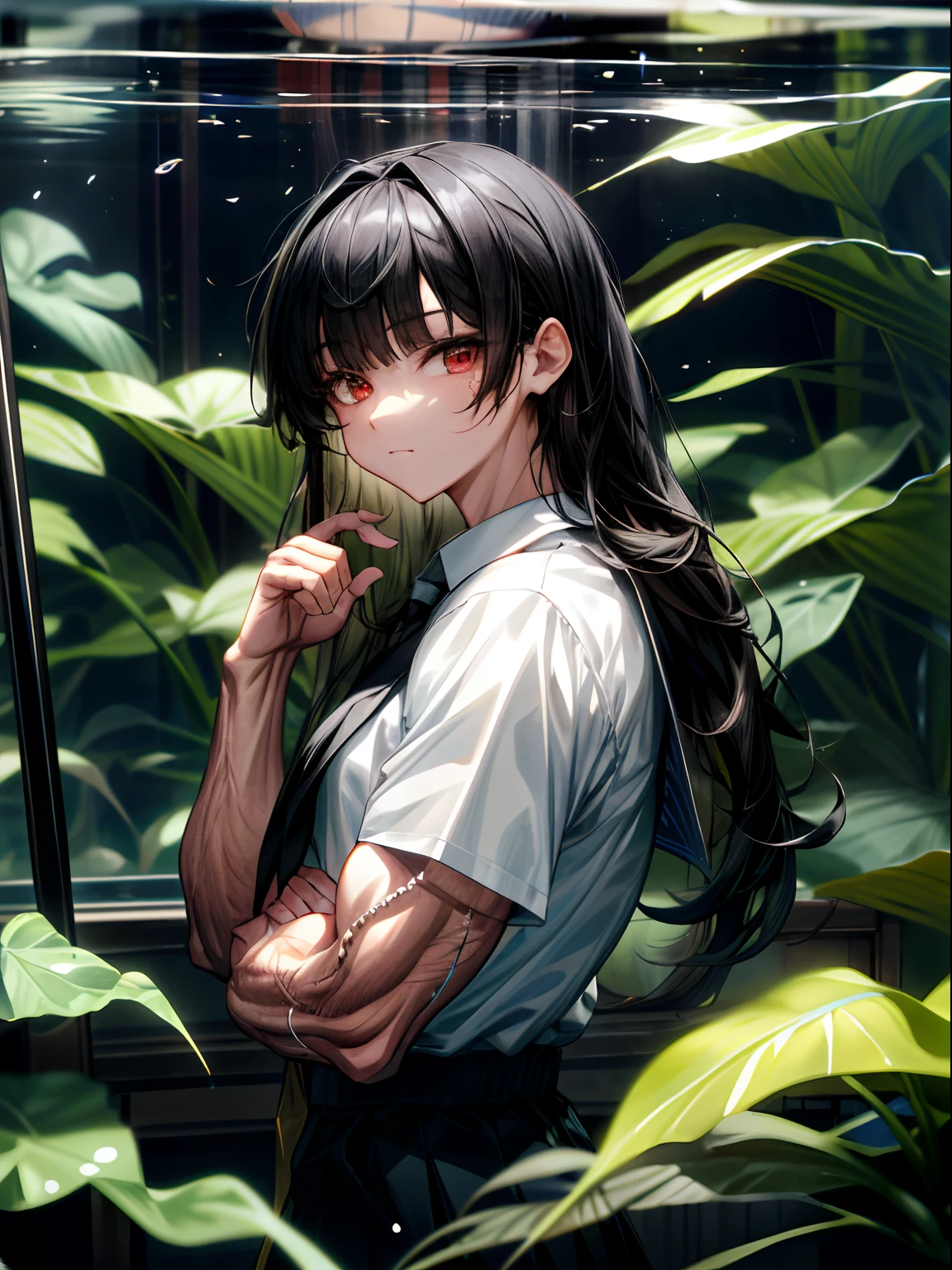 (best lighting) , (super-complex details) , 4K unified, (super-detailed CG: 1.2) , (8K: 1.2),(original), (masterpiece) , (best quality),(Masterpiece:1.4),Anime-ish high quality,(masterpiece),masterpiece, best quality, absurdres,((Masterpeace, 4k, 8k, highres)),(masterpiece), (best quality), (ultra-detailed), (an extremely delicate and beautiful), ((cowboy shot)), 1 woman, Yoru, beautiful face, detailed face, red eyes, scar on the cheek, long hair, black hair, school uniform, white shirt, black tie, dynamic pose, looking at viewer, on a aquarium, fish tank behind her, algae, marine life, blurred bottom, female focus, depth of field, full HD, high definition, high resolution



, ((body builder:1.5)),temple background,(beautiful bace),(girl),(female),(((upper body:1))),from front