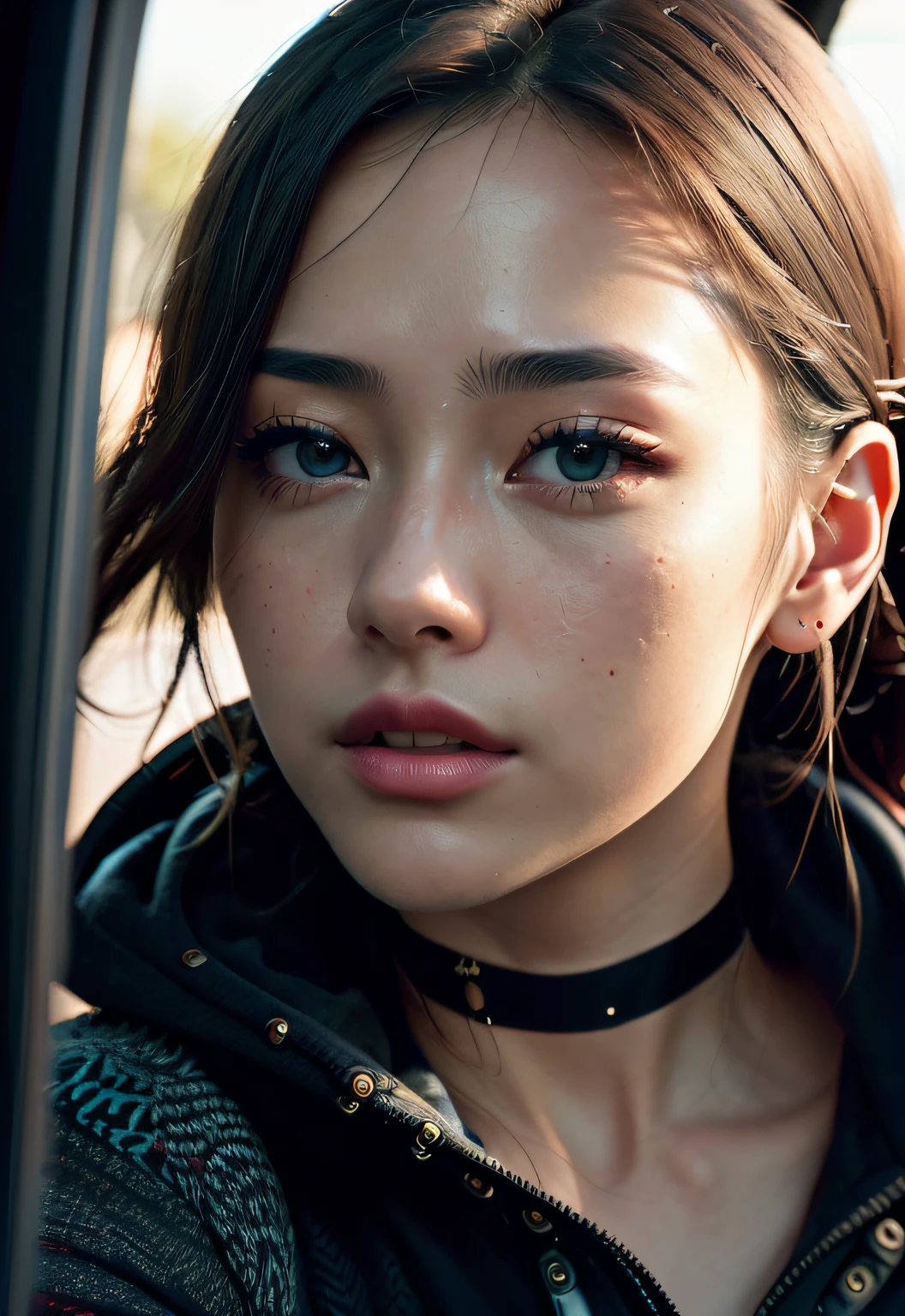 RAW Photography、22-year-old girl、Blue Hoodie、(1girl in)、(realisitic)、(Photorealsitic:1.5)、inside of a car、driving、lipsticks、hitornfreckles、Multicolor hair、a choker、(RAW Photography、8k UHD、film grains)、Sharp Eyeliner、Blush eyeshadow with thick eyelashes、extremely delicate and beautiful、8k、Soft lighting、hightquality、hight resolution、foco nítido、ighly detailed、during the day、(sunlight on face)、beatiful detailed eyes、 extremely detailed eye and face、​masterpiece、lighting like a movie、(high-detail skin:1.2)、8K UHD、Digital SLR、Soft lighting、hightquality、film grains、FujifilmXT3、​masterpiece, top-quality, hightquality, hight resolution、
