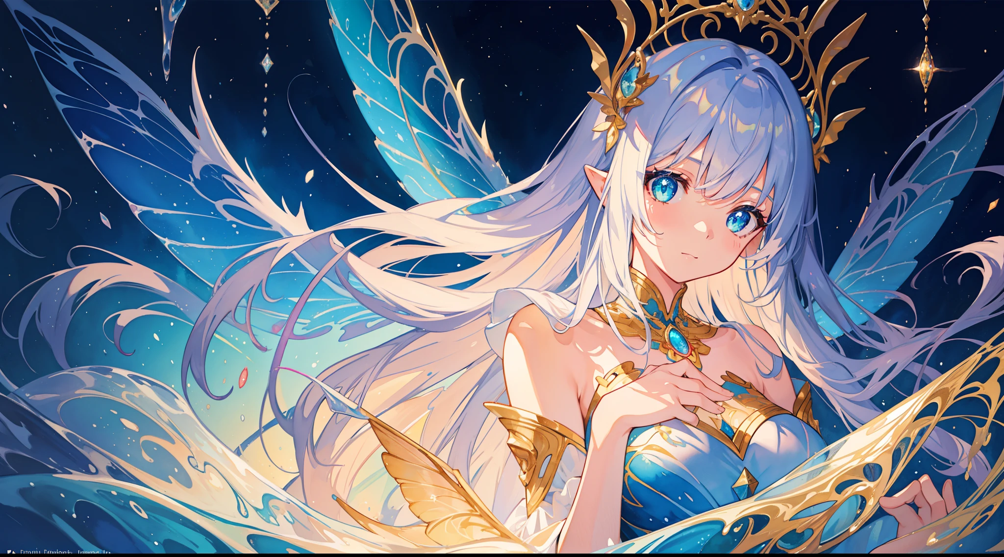 masterpiece, best quality, sharp focus, 8k, intricately detailed environment, anime, watercolor illustration, colorful, bright colors, whimsical, glowing lights, liquid otherworldly, fairy lights, beautiful girl in flowing liquid glowing dress, perfect face, golden ratio, sparkling eyes, watercolor, liquid light, angel wings