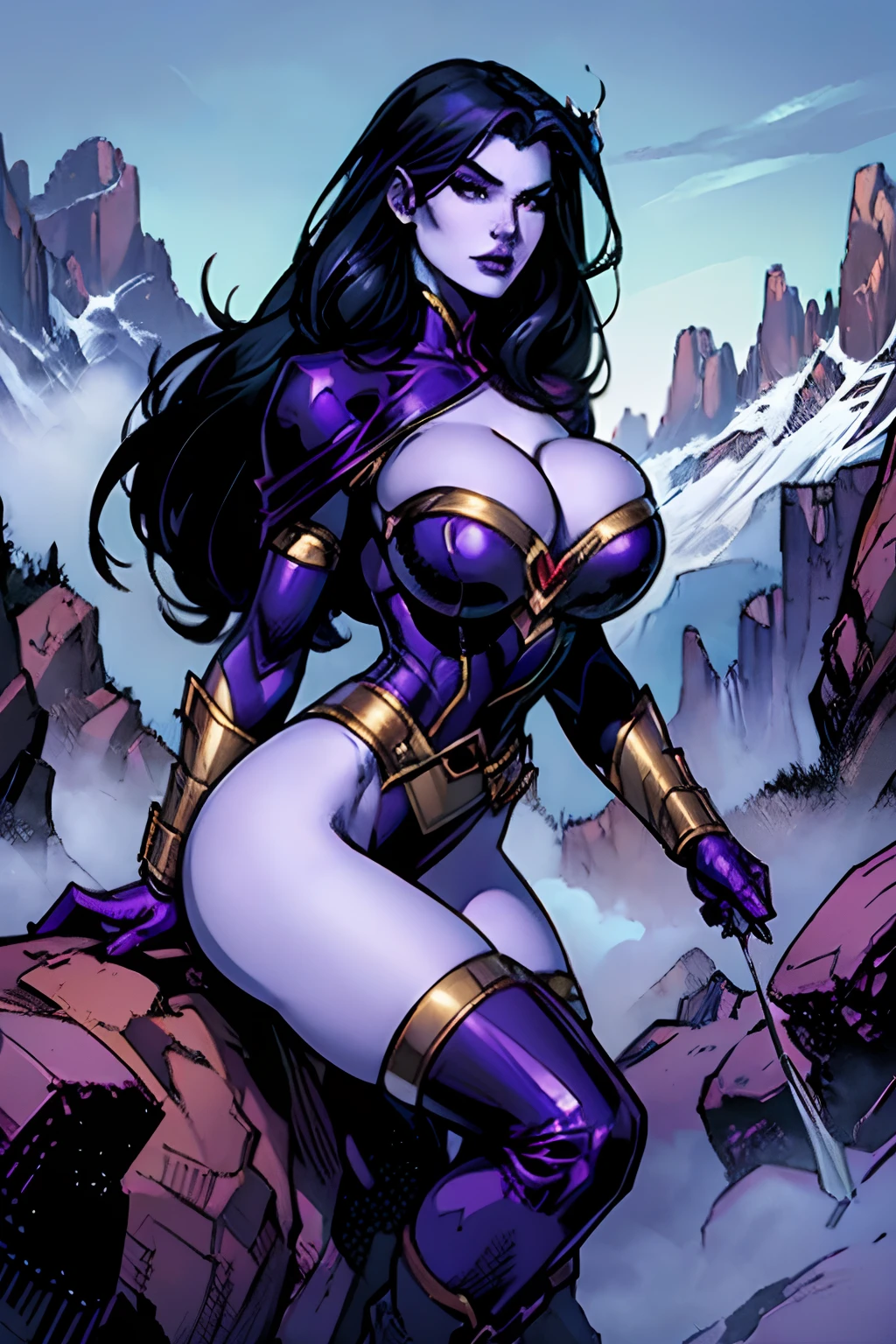 (masterpiece, top quality, best quality, official art, beautiful and aesthetic:1.2), (1girl:1.3), ((long black hair)), (((pale purple skin, pale blue skin, blue skin, purple skin))), extremely detailed, portrait, looking at viewer, solo, (full body:0.6), detailed background, close up, (cold night mountain theme:1.1), dark elf war dancer, charlatan, smirk, mysterious, swaying in mountains, skimpy attire, revealing gladiatrix costume, gold bikini, cowl, metal bikini, long boots, dual knives, violet fabric, black leather, ((gigantic breasts, cleavage, skindentation)), slim waist, slim hips, long legs, medieval (mountain exterior:1.1) background, dark mysterious lighting, shadows, magical atmosphere, dutch angle