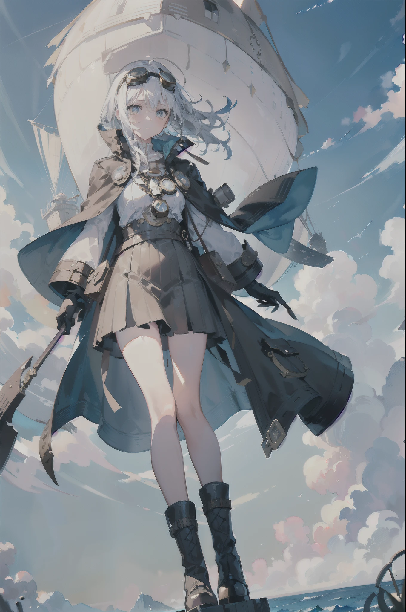 (((masterpiece))),((extremely detailed CG unity 8k wallpaper)),((ultra-detailed)),(cinematic lighting:1.3),dream,(detailed Steampunk:1.2),(Victorian era:1.2),sunny,(clear sky:1.2),(depth of field),dynamic angle,(bright color:1.3),((((watercolor_(medium))))),(sketch:1.3),(ink:1.3),(chromatic aberration:1.3),(magnificent blue fantasy sky and white clouds:1.3),(skyview),(sunlight),lens flare,(flying pigeons),(caustic:1.3),(Floating airship above:1.5),(harbor:1.2),(steamship:1.2),(sea),(horizon),skyline,(Pocket watch),romanticism,mountains in distance,((Leather boots)),(Leather coat),((Windbreaker)),((Motorcycle goggles)),(Precision flight watch:1.2),(steam:1.3),fantasy,(steam engine),wind,fog,steam whistle,Canvas wing,((Steam punk wings)),(hang glider),(Canvas propeller),Hot Air Balloon,Balloon,(Waving Flag),(rope),Flying splashes,(grand space),scenecy,background,(vapour),(1girl:1.4),(loli:1.2),(kawaii),(bishoujo:1.3),(long white cape:1.3),(pearl white eyes:1.2),(white hair:1.2),smooth hair,black gloves,(black suit),ahoge,(long white ponytail:1.2),(extremely detailed cute face:1.3),(expressionless:1.2),(indifferent),mute,(wide shot:1.3),(close to viewer:1.2),close up,(beautiful detailed face:1.3),(beautiful detailed eyes)