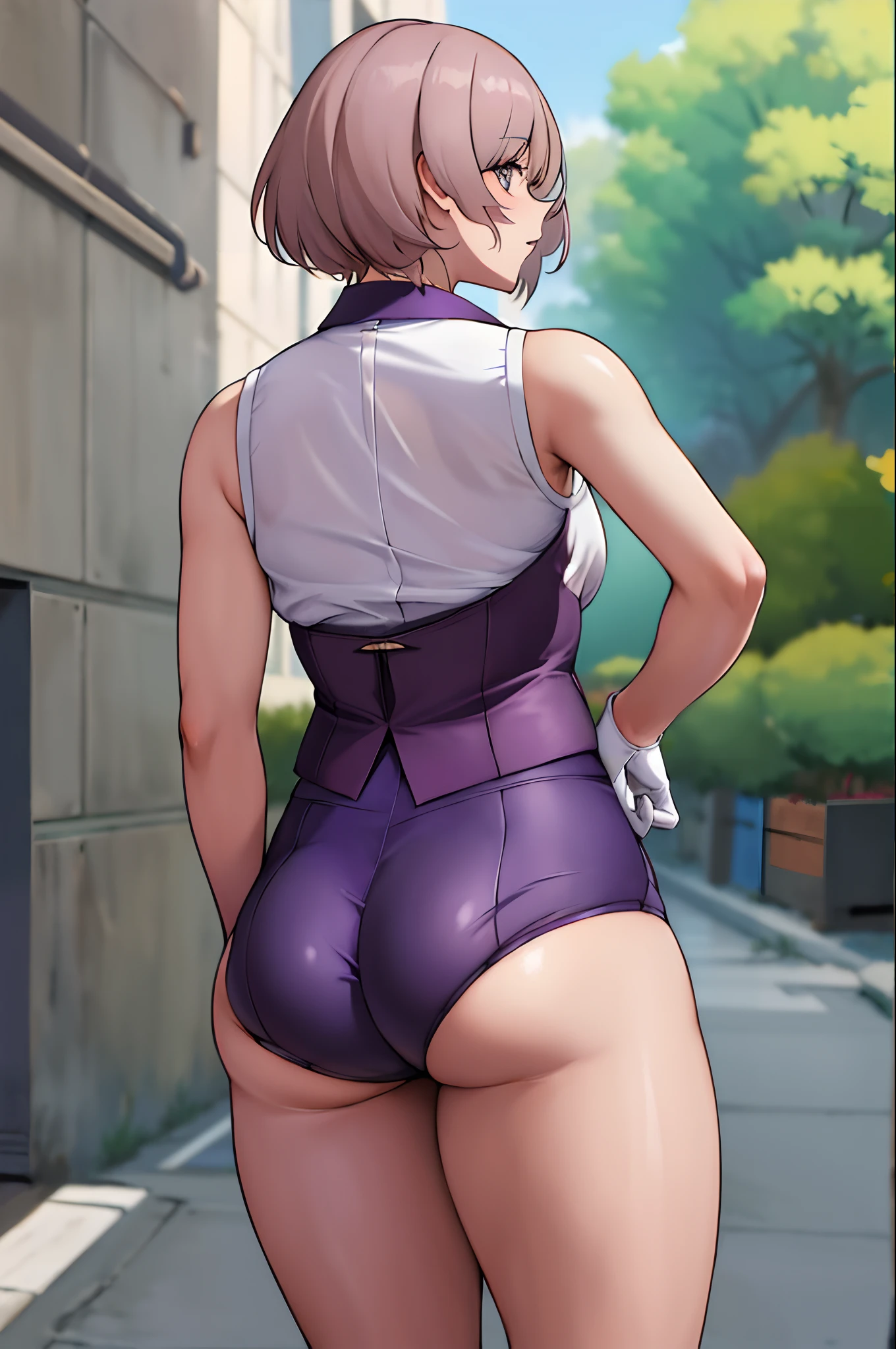 masterpiece, best quality, highres, mujina, solo, white gloves, necktie, purple shorts, short necktie, corset, purple necktie, light brown hair, short shorts, sleeveless, bangs, from behind, ass, standing, street, outdoors, surprised,