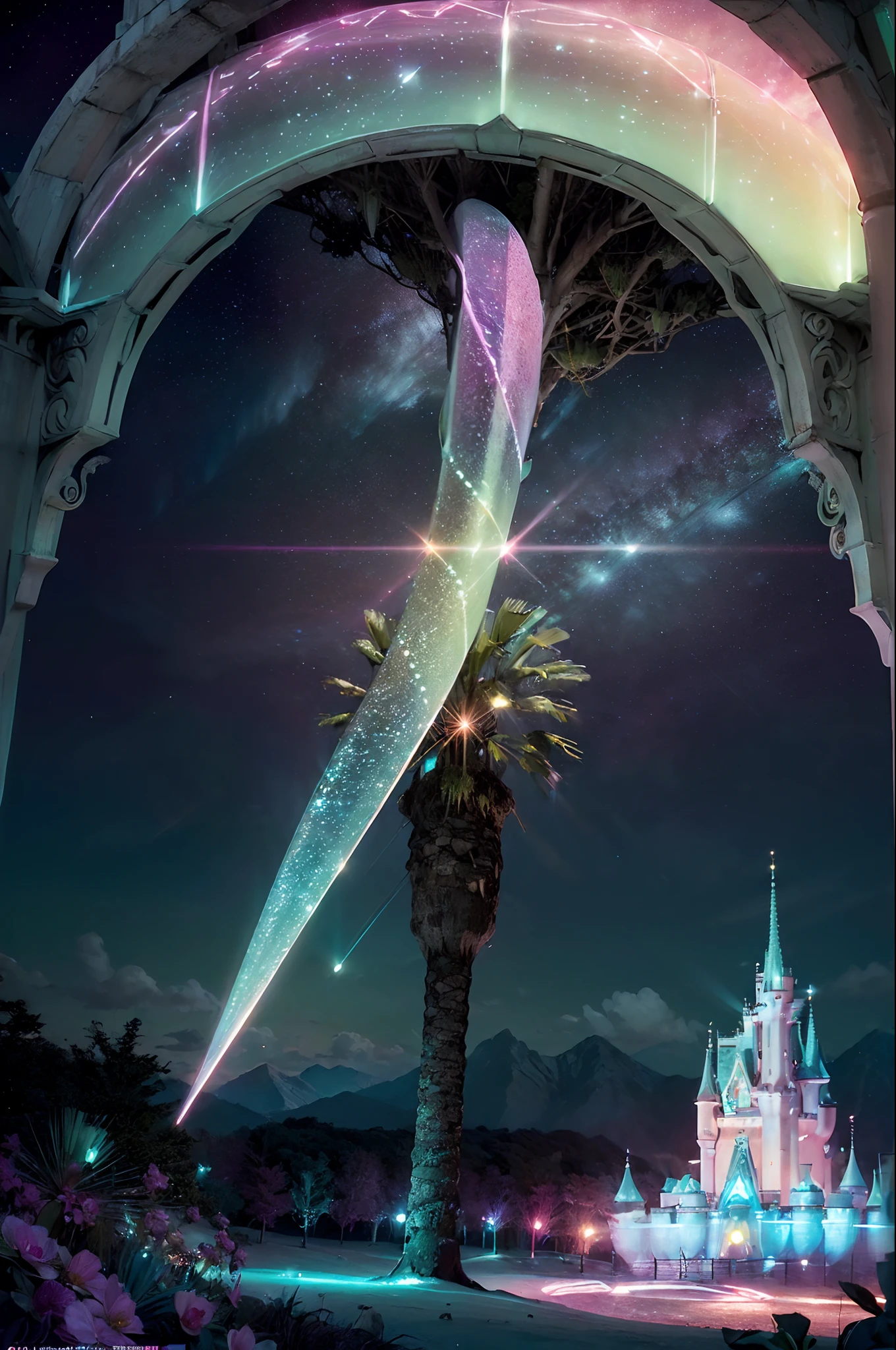 (fluorescent colors:1.4),(translucent:1.4),(retro filters:1.4), (fantasy:1.4), candy world Disney land ethereal soft fluffy soft landscape forest snowavatar Pastel pink sky green blue sparkle ethereal light pastel whimsical light rainbow stars diamonds sparkle gemstone background hyper realistic Ultra quality cinematic lighting immense detail Full hd painting Well lit,