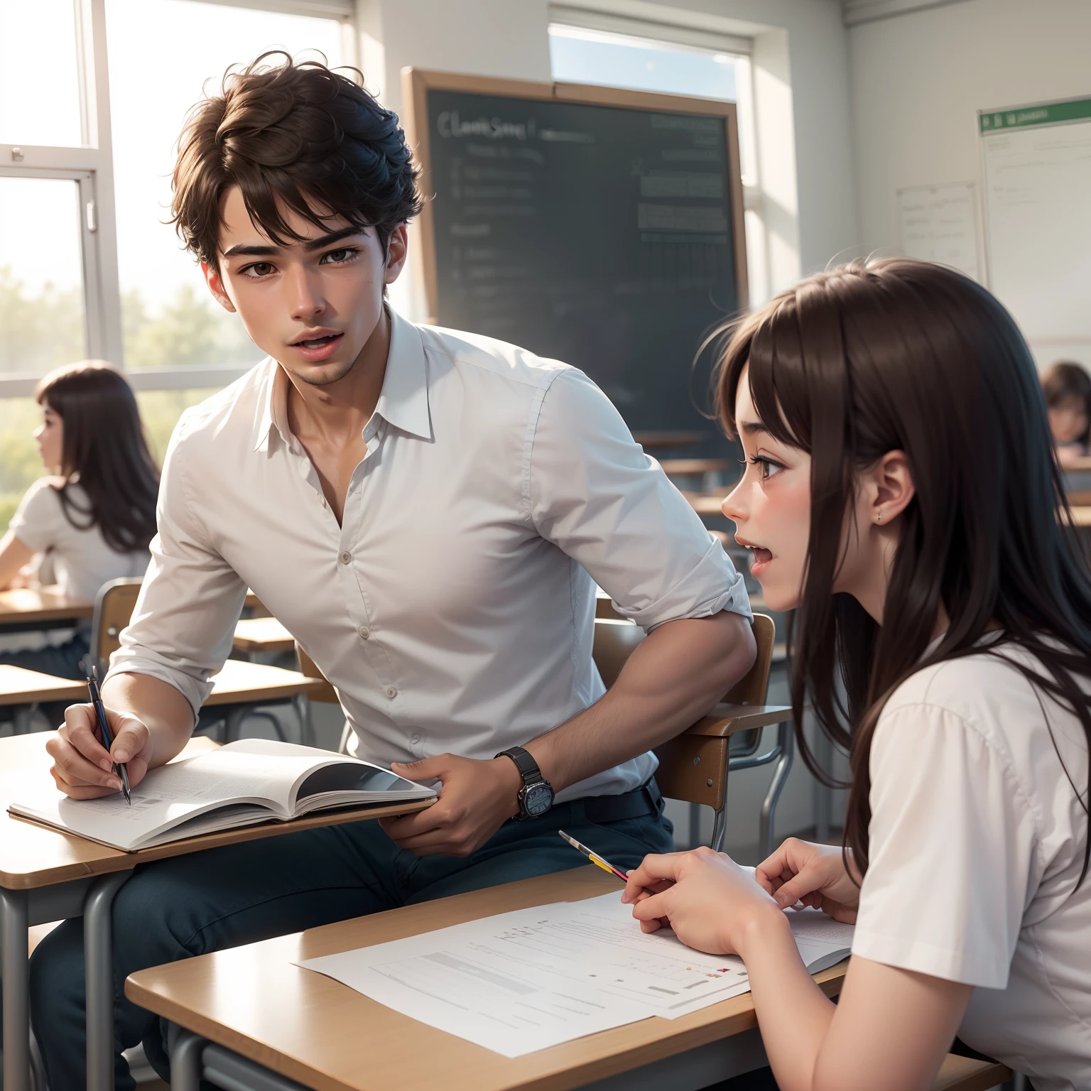 Design an image showcasing a male students enthusiastically participating in a classroom setting, engaging with their teachers and fellow classmates, emphasizing the importance of attending classes regularly.