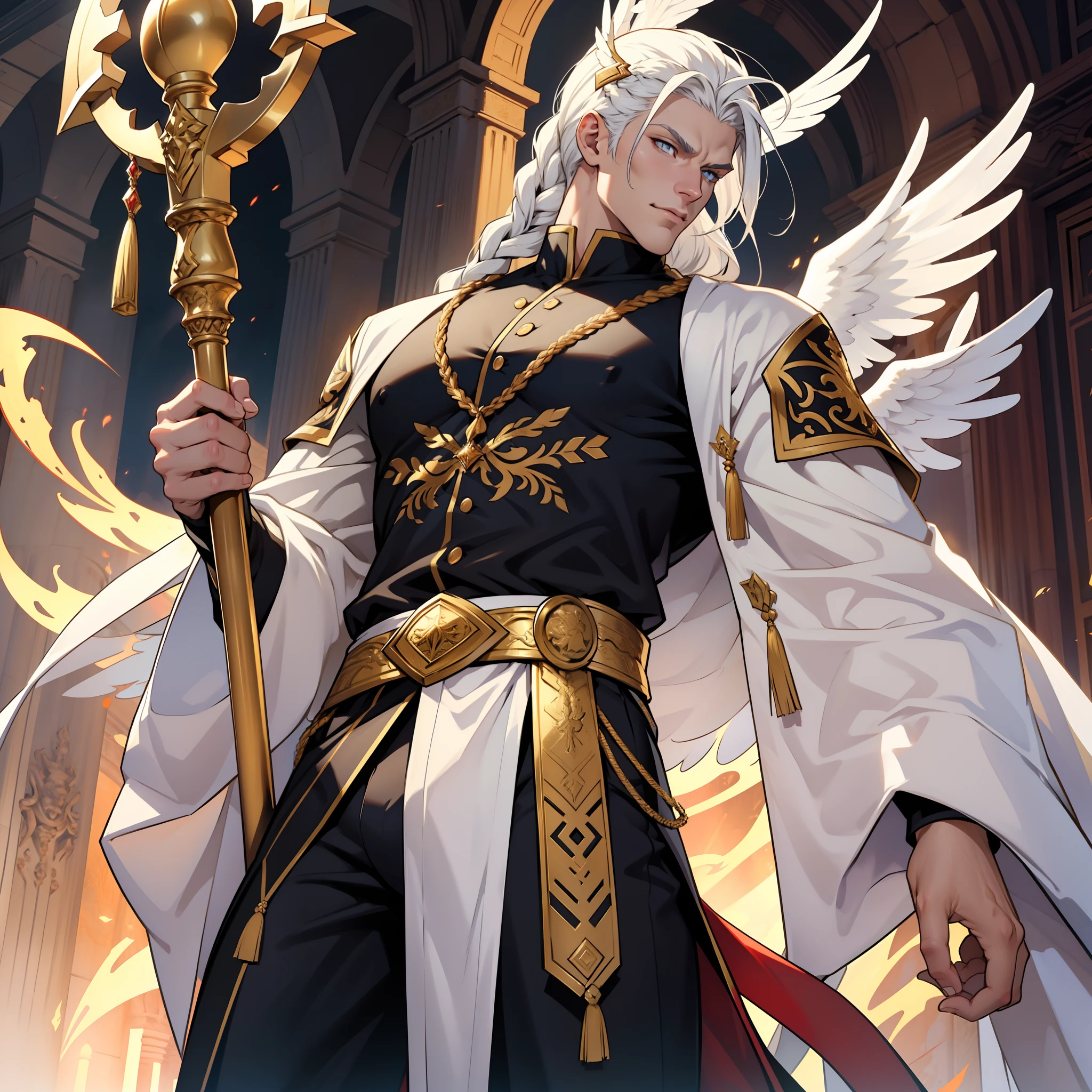 Caius is a handsome male, stands at 7ft tall. He has an athletic body structure. He wears royal attire thats silver and gold. He has beautiful long white silky hair and a golden eye color. He is seen with a staff. He has huge white wings. A big bulge in his pants. White Phoenix human form. His hair is braided back. Bara. Roman nose. Muscular. Defined jawline. White flames. White fire. Palace
