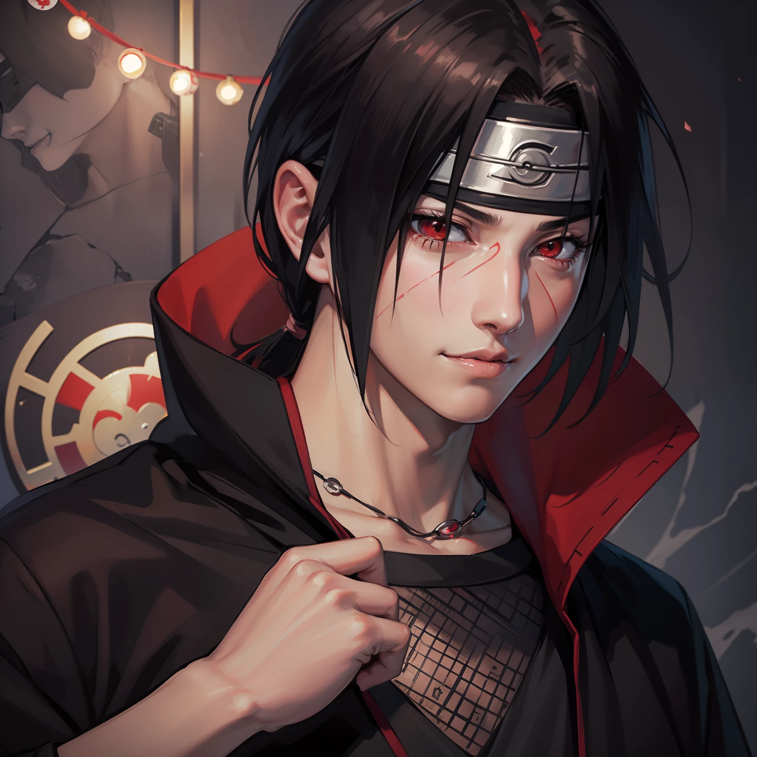 masterpiece, itachi uchiha, 1boy, super realistic, detailed, realistic face and body, sad smile. Headband konoha, in Konohagakure