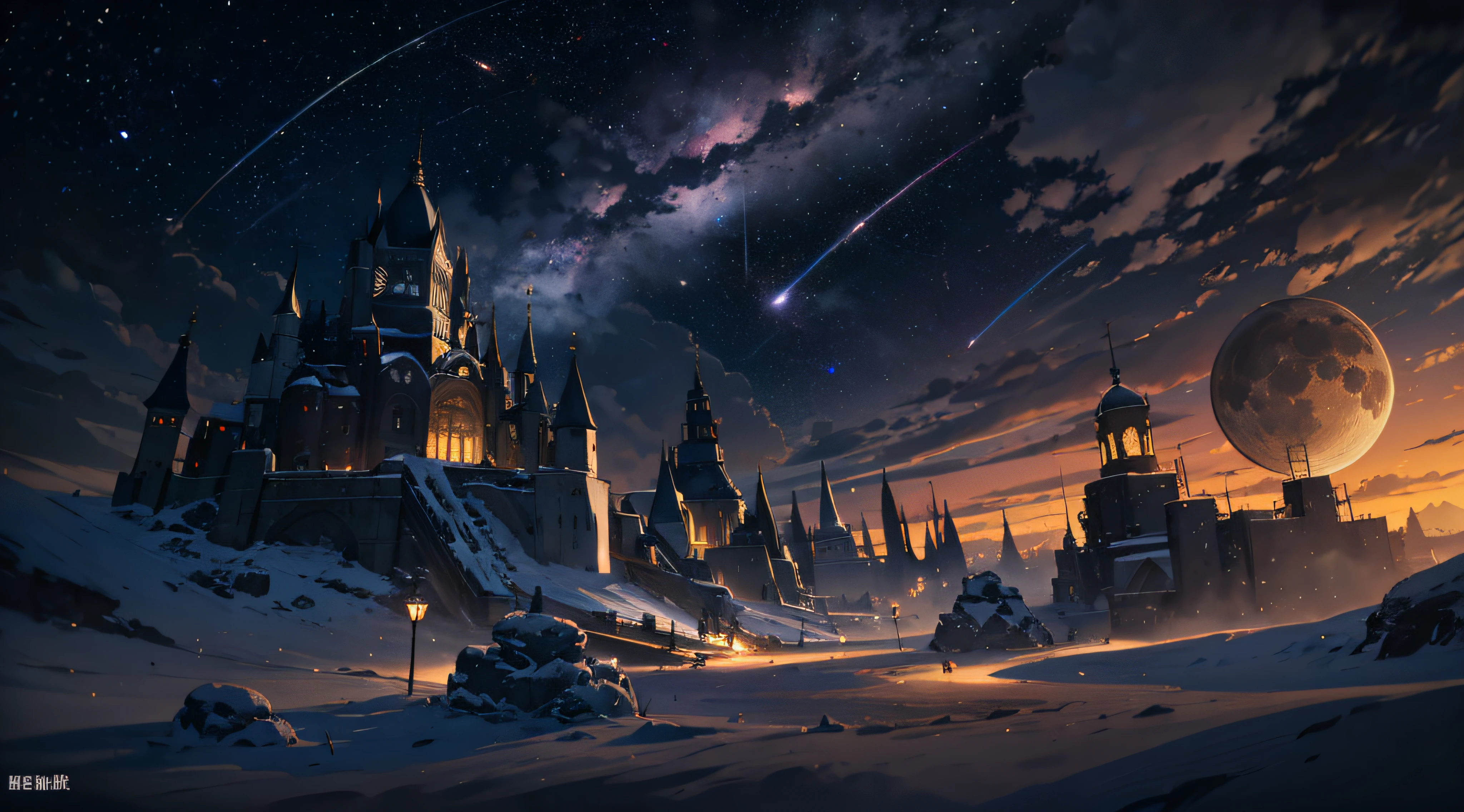 Expansive landscape photograph，（moon full：1.2），（meteors：0.9），（Starcloud：1.3），（Warm light source：1.2），（glowworm：1.2），lamp lights，Lots of purple and orange，Complicated details，Volumetriclighting，Realism BREAK（tmasterpiece：1.2），（best qualtiy），8K，Ultra-detailed，（dynamic compositions：1.4），The is very detailed，Colorful details，（Irridescent color：1.2），（luminouslighting，Atmospheric lighting），dream magical，magical，（独奏：1.2），（（best qualtiy））， （（tmasterpiece））， （the detail：1.4），depth of fields，maximum definition and sharpness，perfectly proportions，Fluttering clouds，Wallpapers