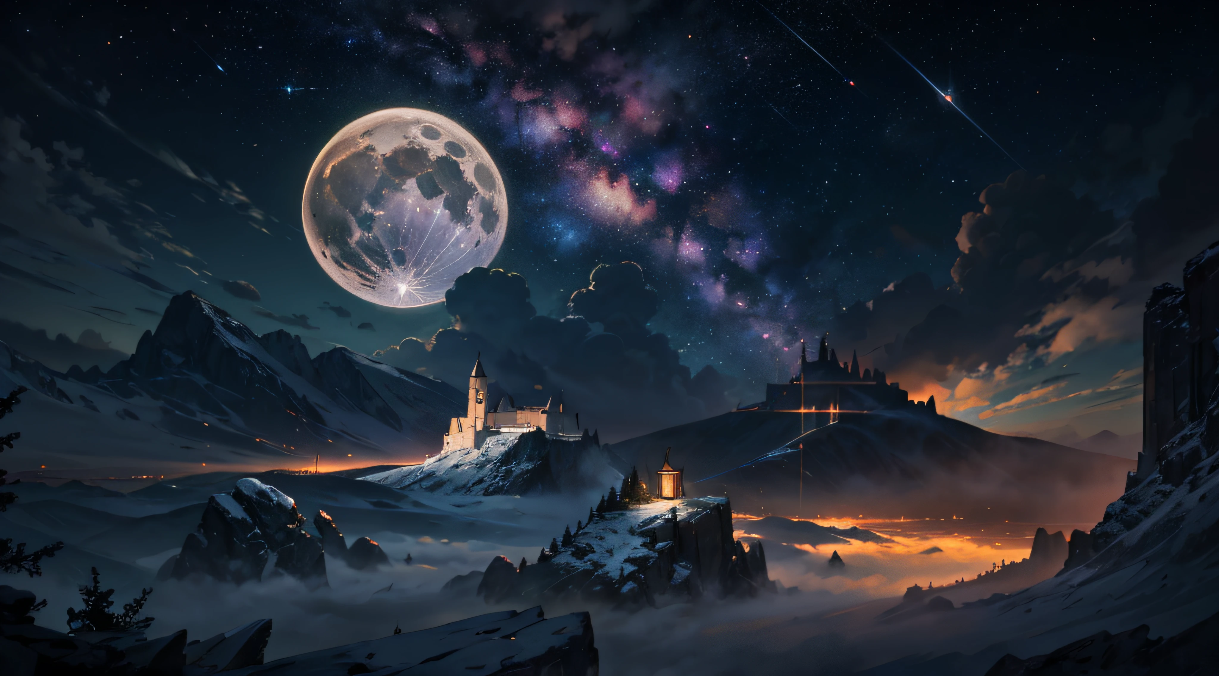 Expansive landscape photograph,(moon full:1.2),(meteors:0.9),(Starcloud:1.3),(Warm light source:1.2),(glowworm:1.2),lamp lights,Lots of purple and orange,Complicated details,Volumetriclighting,Realism BREAK(tmasterpiece:1.2),(best qualtiy),8K,Ultra-detailed,(dynamic compositions:1.4),The is very detailed,Colorful details,(Irridescent color:1.2),(luminouslighting,Atmospheric lighting),dream magical,magical,(独奏:1.2),((best qualtiy)), ((tmasterpiece)), (the detail:1.4),depth of fields,maximum definition and sharpness,perfectly proportions,Fluttering clouds,Wallpapers