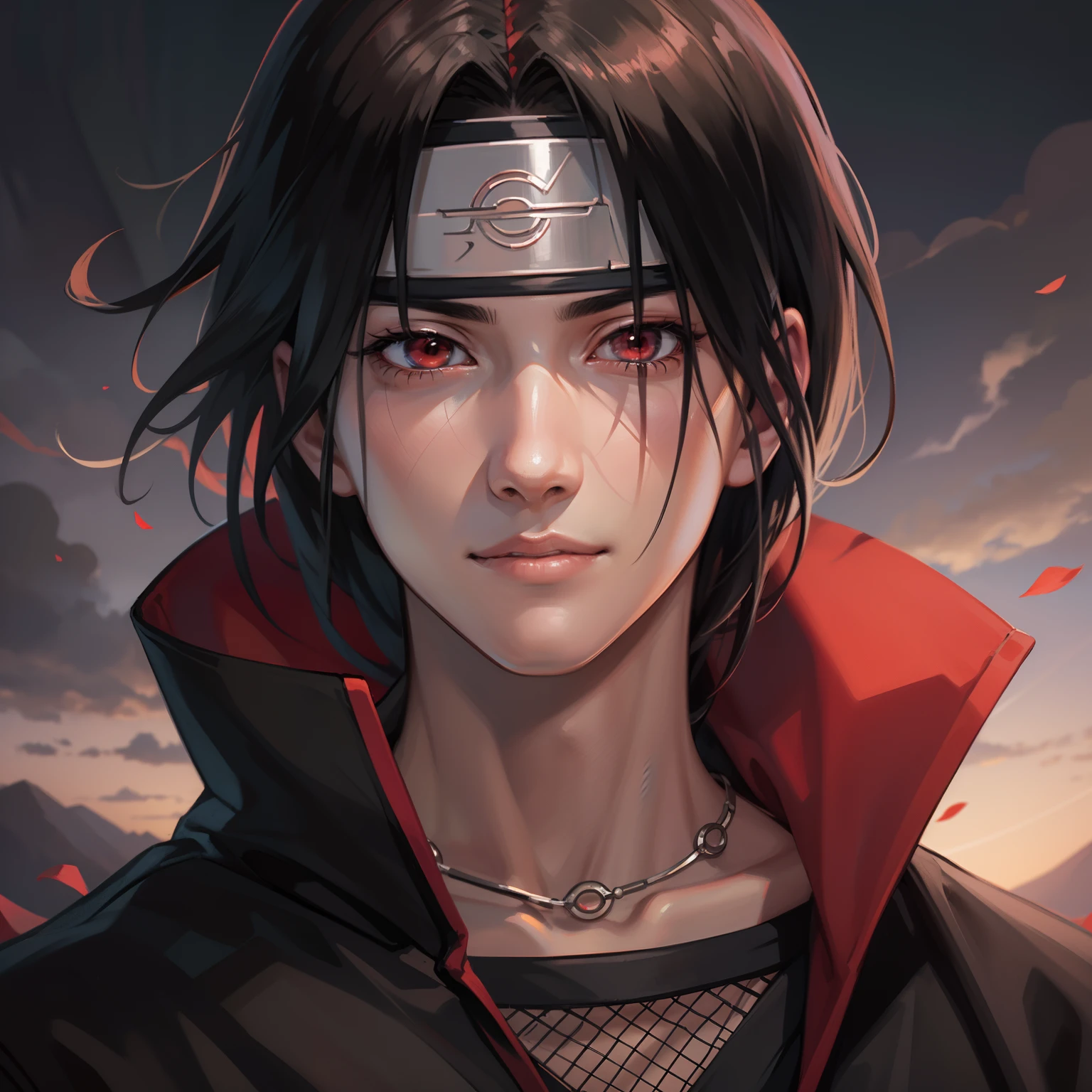 masterpiece, itachi uchiha, 1boy, super realistic, detailed, realistic face and body, sad smile. Headband konoha, in Konohagakure
