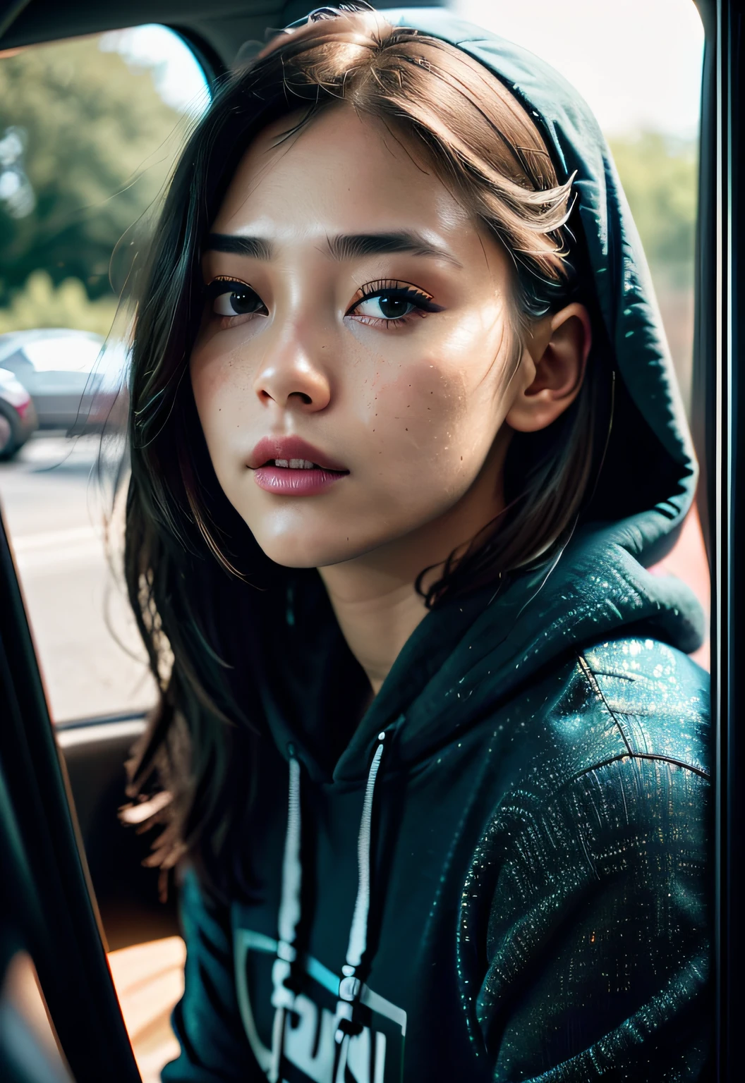 RAW Photography、22-year-old girl、Blue Hoodie、(1girl in)、(realisitic)、(Photorealsitic:1.5)、inside of a car、driving、lipsticks、hitornfreckles、Multicolor hair、a choker、(RAW Photography、8k UHD、film grains)、Sharp Eyeliner、Blush eyeshadow with thick eyelashes、extremely delicate and beautiful、8k、Soft lighting、hightquality、hight resolution、foco nítido、ighly detailed、during the day、(sunlight on face)、beatiful detailed eyes、 extremely detailed eye and face、masterpiece、lighting like a movie、(high-detail skin:1.2)、8K UHD、Digital SLR、Soft lighting、hightquality、film grains、FujifilmXT3、masterpiece, top-quality, hightquality, hight resolution、
