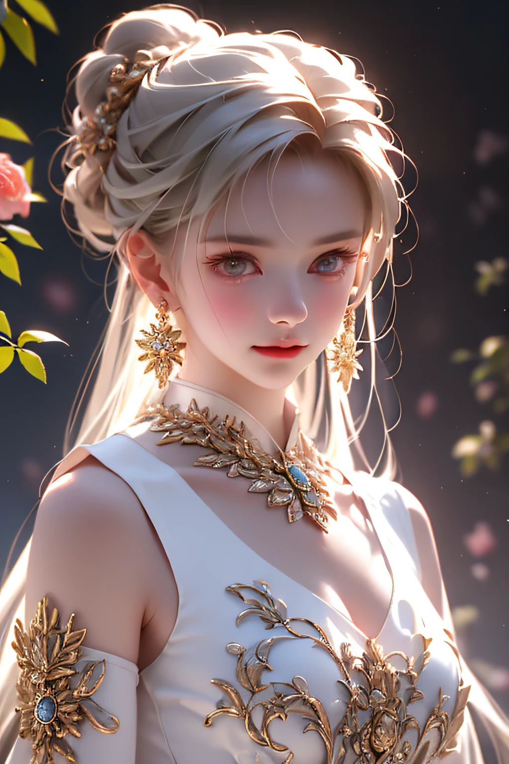There is a girl in a green dress, plum blossoms, palaces, oriental architecture ray tracing, {best quality}, {{masterpiece}}, extremely detailed 8K wallpaper, {an extremely delicate and beautiful}, colorful, intricately detailed, Realistic, real, camera quality, (detailed depiction of clothes), cool white skin, (detailed depiction of blush), 1080p, sun, soft cuteness, smooth light silver hair, messy beauty, lighting, broken feeling, bright and silky skin , 3D stereoscopic, masterpiece, best quality, super fine illustration, beautiful eyes, very fine light, fine glow, very fine 8K CG wallpaper, peach eyes, red pupils, an extremely delicate and beautiful girl, 8k Wallpaper, best quality, full body close-up, white long dress, luxurious silky bright red chiffon floodlight (magic, glitter, ultra-thin, soft,) Hanfu