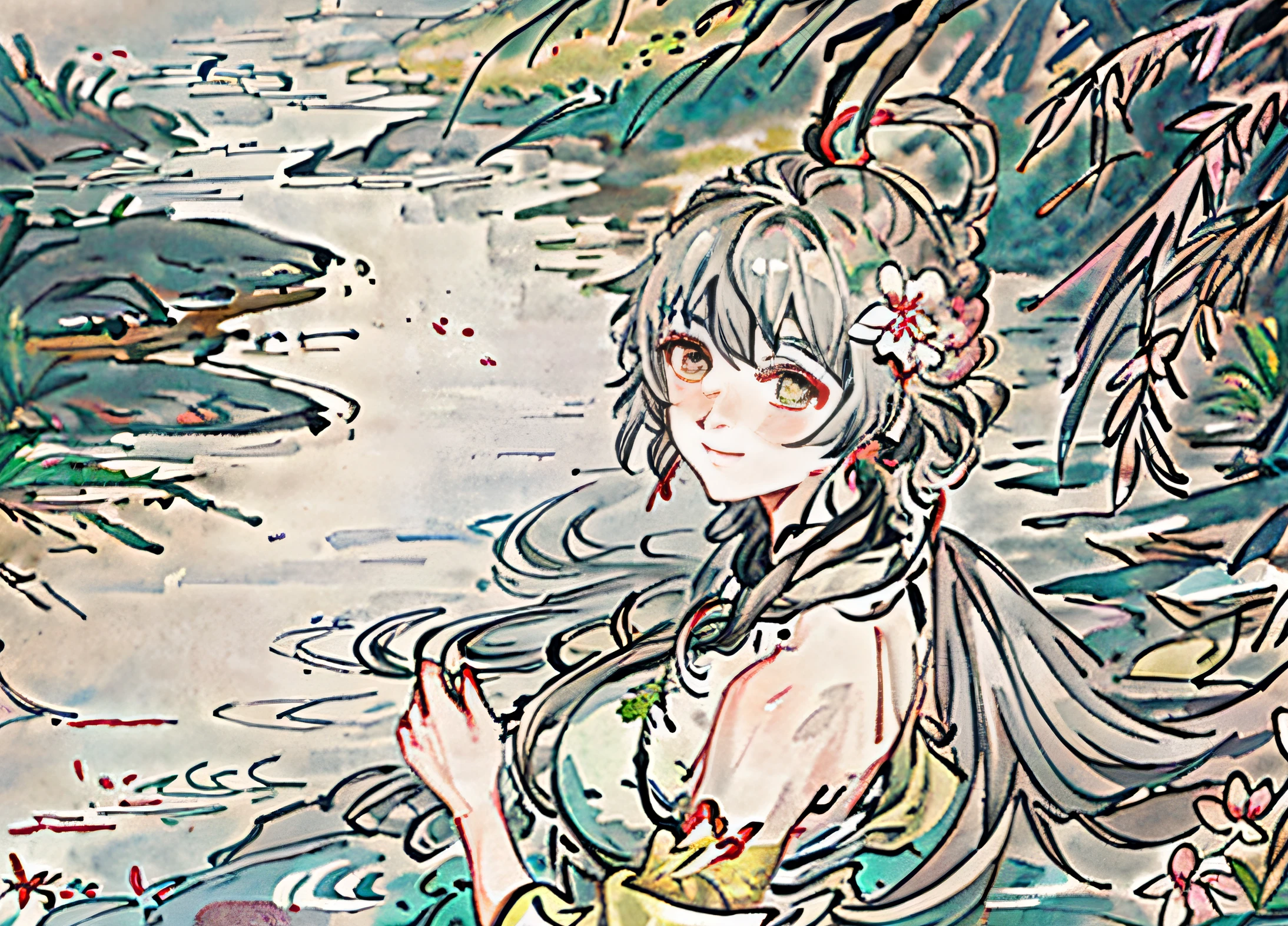 longeyelashes, light smile, ear blush, grey hair, hair flower, longeyelashes, ln the forest, River side, Barefoot, full bodyesbian, Hanfu, green-eyed, Side body, anime style, En plein air, atmospheric perspective, full bodyesbian, 8k, super detail, ccurate, best quality, textured skin