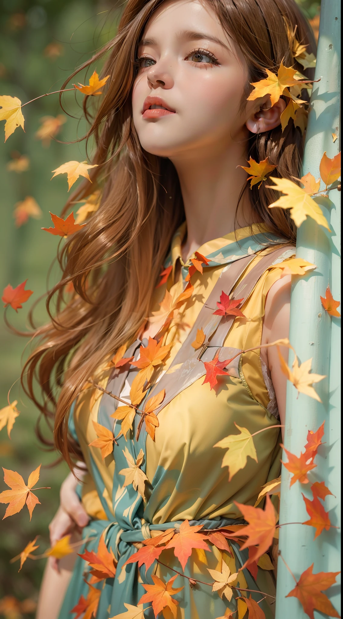 Picture quality:Highly detailed masterpiece 8K high resolution content:On the streets in autumn,The autumn breeze blows,Autumn leaves float in the air,There are shimmering particles fluttering,Warm light background:1girll,Surrealist portraits of women by David Hockney and Alphonse Mucha,hair glowing,low tune,brunette color hair,long whitr hair,in blouse wearing,Lazy action atmosphere:warm and comfortable,With a little cool autumn light:warm color:High saturation,Bright composition。:Distant composition Bird's-eye view style reference:photographrealistic