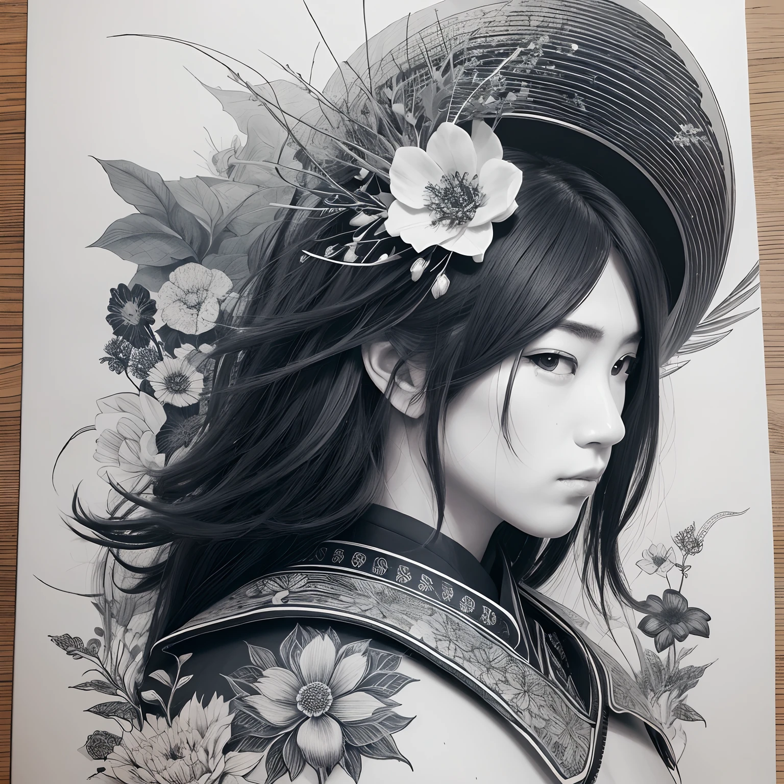 desenho de uma flor, illustration in pen an ink, Japanese samurai man, caneta e trabalho de tinta. foco afiado, flores crescem do corpo